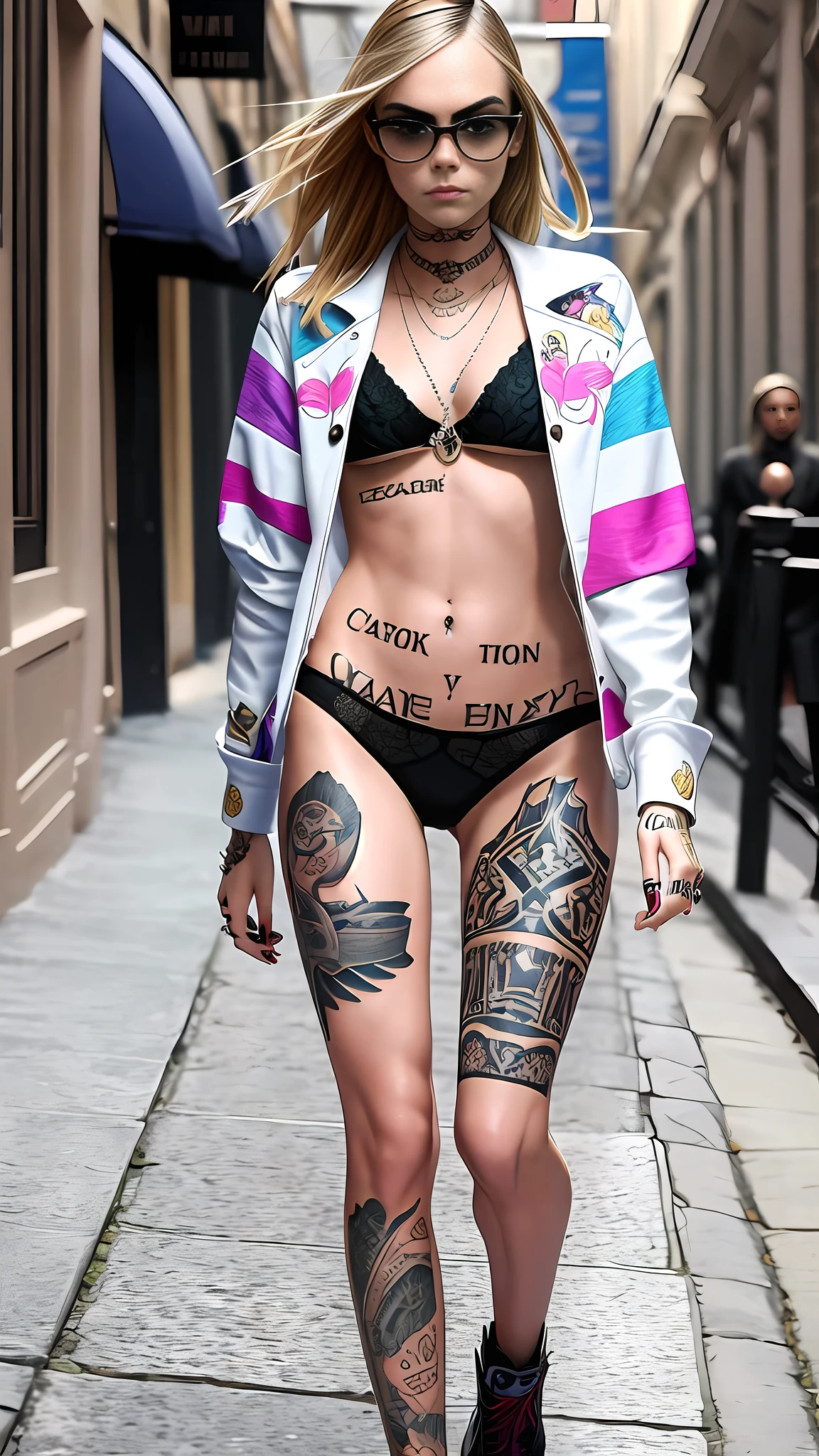 cara delevingne walking in a sidewalk, tattooed body --auto --s2