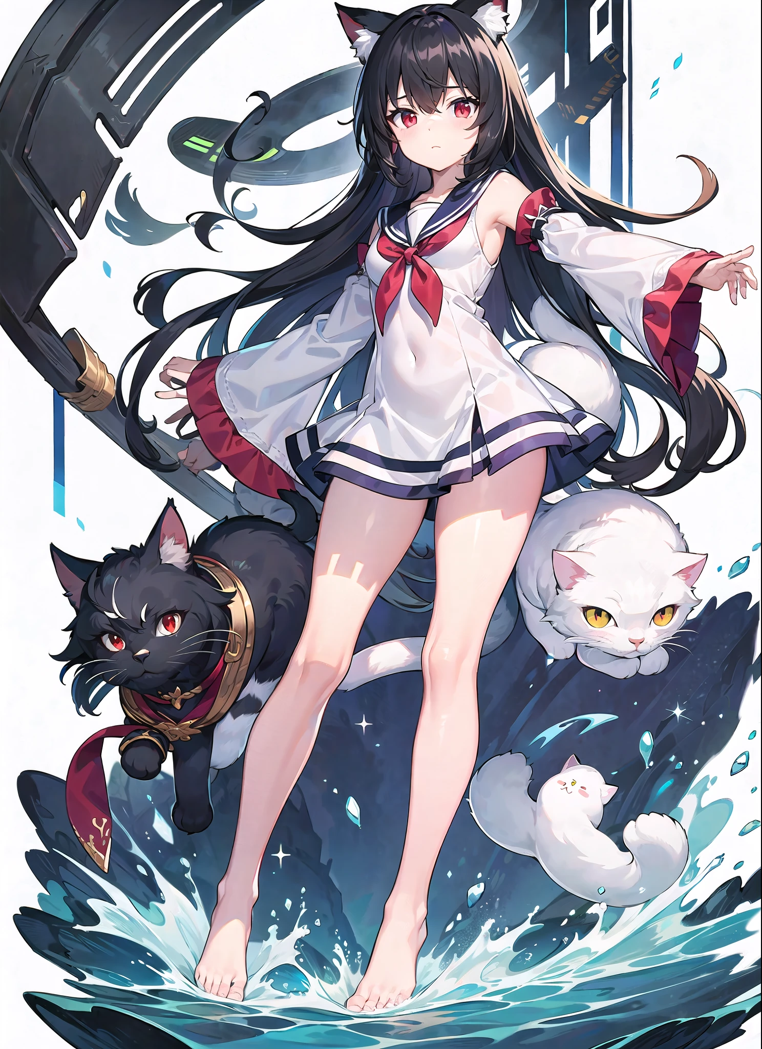 black hair ,long hair ,(medium breasts ,bare shoulders ,wide sleeves ,long sleeves ,red eyes ,messy hair ,cat girl ,bare legs ,bare feet ,sailors shirt ,thighs,cleavage ,sleeveless ,white background, full body ,cute , ,child)