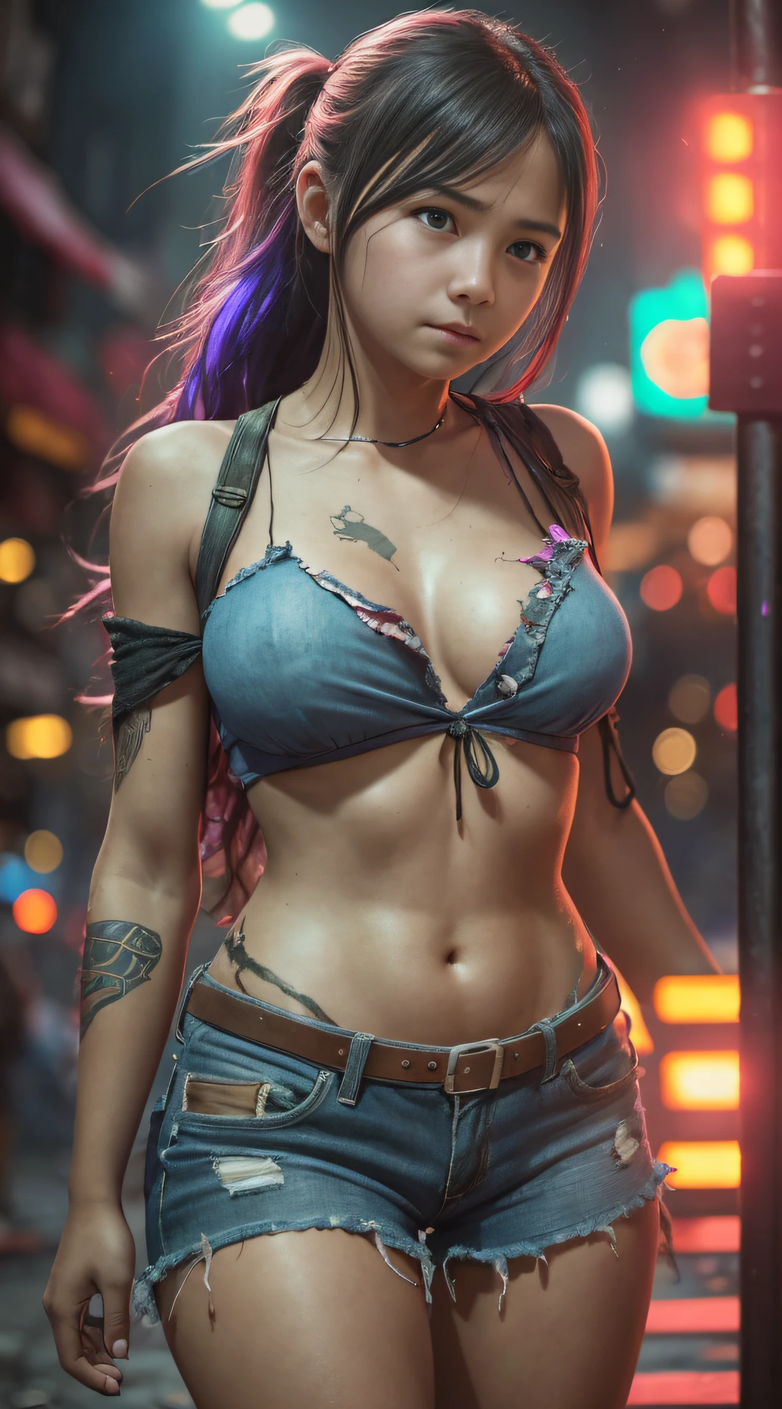 Wide angle Environmental shot of a 28-year-old woman is in bustling red-light district , action shot, tattered torn shirt, Wrinkled skin, league of legends,Cinematic effects, vibrant, photo realistic, realistic, dramatic, dark, sharp focus, 8k. --auto --s2