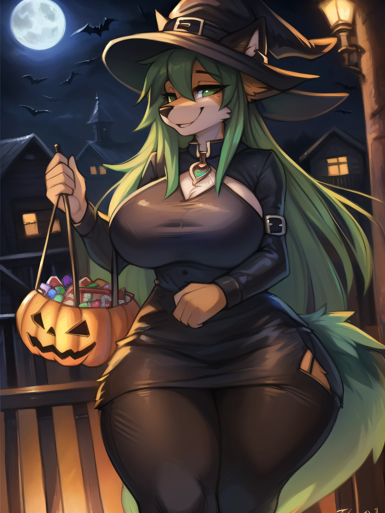 by fluff-kevlar, by Zackary911, by Kenket, by Kilinah, by fluff-kevlar, (masterpiece), (best quality), (anthro furry:1.3, snout:1.2, anthro:1.3, furry:1.2, solo female:1.2), (voluptuous figure), (big breasts), (big thighs), clothed, solo, halloween, halloween night, black witch costume, black witch hat, (extremely happy expression, perfect posture), (holding a candy basket), neighborhood background, long hair, black an green hair, fox, green eyes, eye shadow,