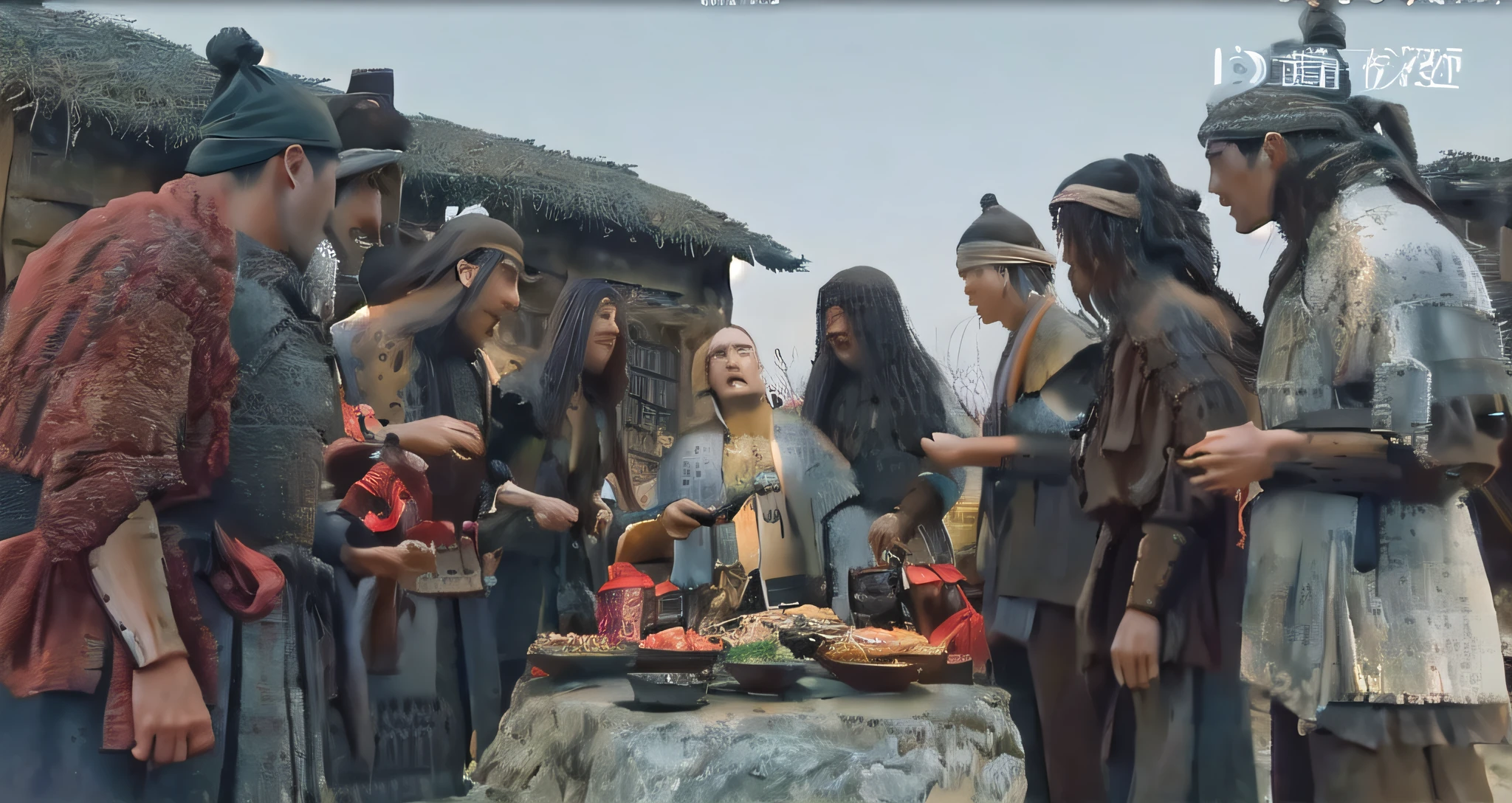 several people standing around a table with food and drinks, scene from live action movie, highlight scene of the movie, still from a live action movie, movie screencap, screenshot from a movie, still from a fantasy movie, scene from a movie, still from the movie, full body wuxia, movie screen shot, scene from the film, still frame from a movie --auto --s2