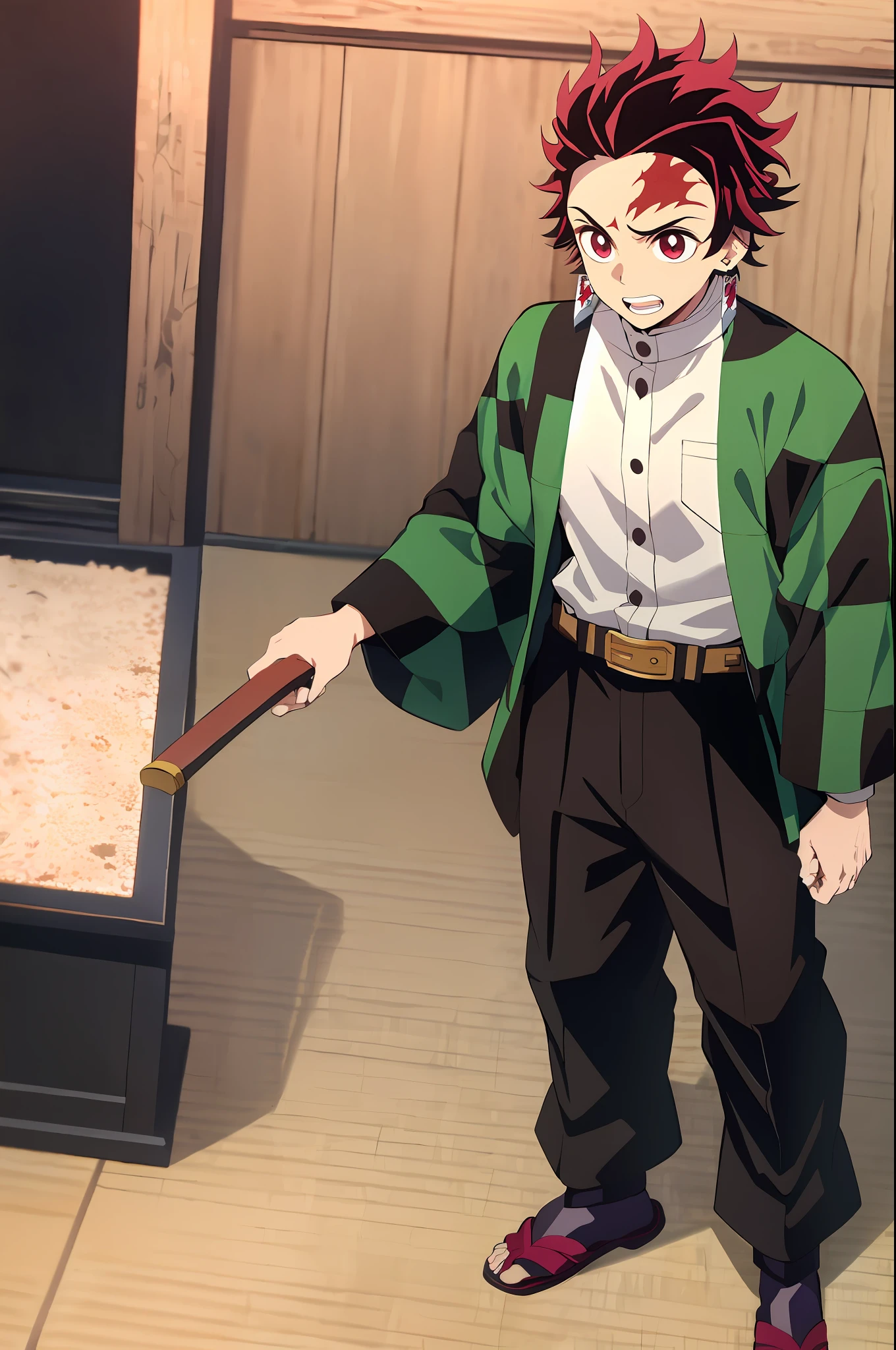 kimetsu no yaiba style, kamado tanjiro, demon slayer uniform, 1boy, male focus, scar on face, weapon, scar, earrings, teeth, jewelry, pants, scar on forehead, brown hair, belt, black pants, japanese clothes, haori, green haori, solo, red eyes, long sleeves, anime coloring, ((masterpiece))