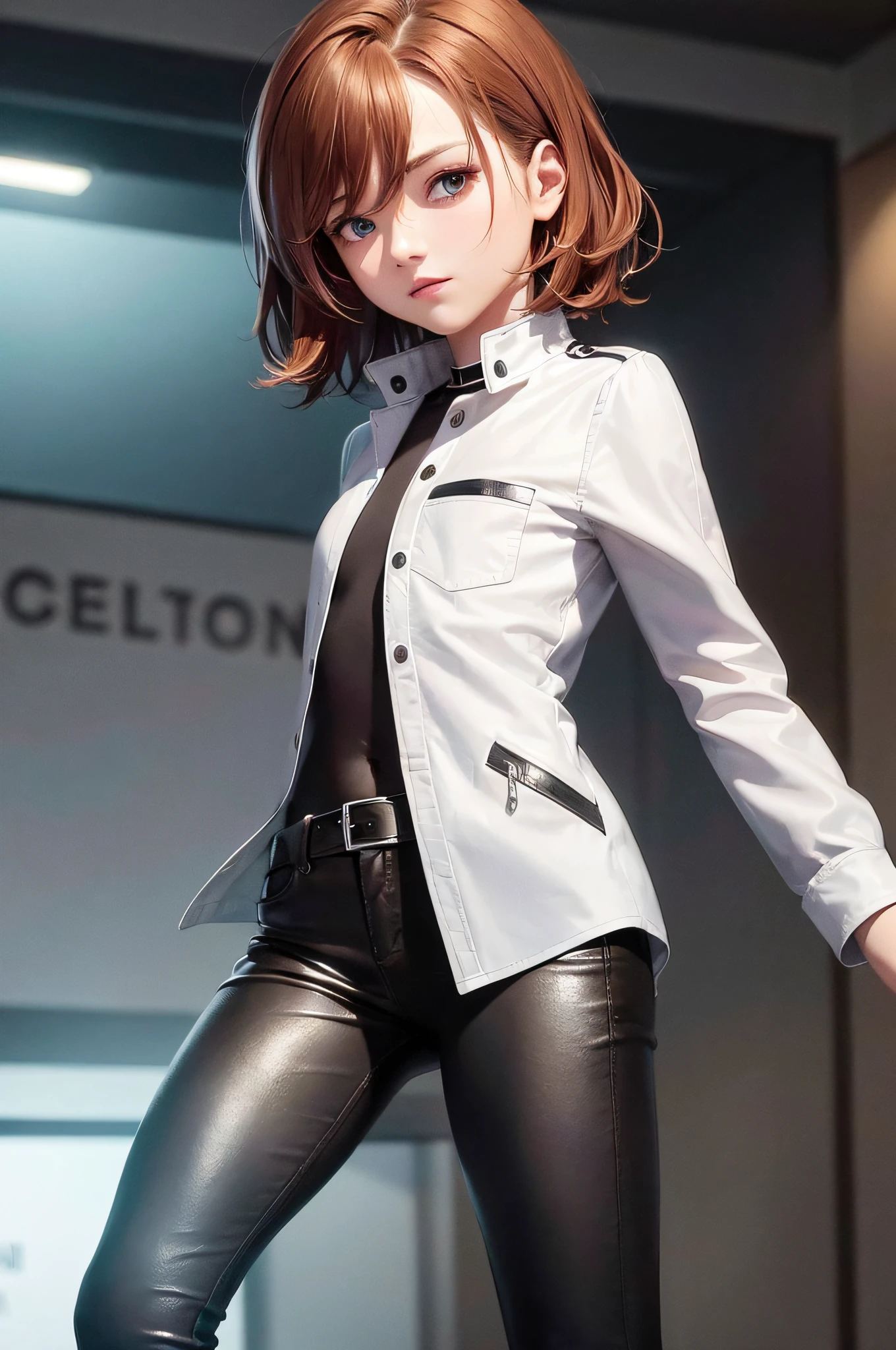 ((Medium, Tomboyish, Small Head)), (Perfect Body: 1.1), (Short Wavy Hair: 1.2), Reddish Brown, Collar, Full Body Shot, Crowded City, Leather Jacket, Long Leather Pants, White Shirt with Collar, (Very Elaborate CG 8K Wallpaper), (Very Delicate and Beautiful), (Masterpiece), (Best Quality): 1.0), (Ultra High Definition: 1.0), Beautiful Lighting, Perfect Lightning, Realistic shadows, [High Resolution], Detailed skins, Super Detail ((Colorful)), Long Boots,