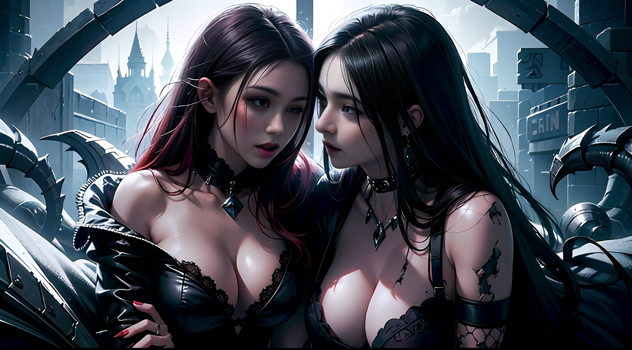 Wide angle Environmental shot of two female vampires kissing is in the red-light district , action shot, tattered torn shirt, porcelain cracked skin, league of legends, vibrant, photo realistic, realistic, dramatic, dark, sharp focus, 8k.