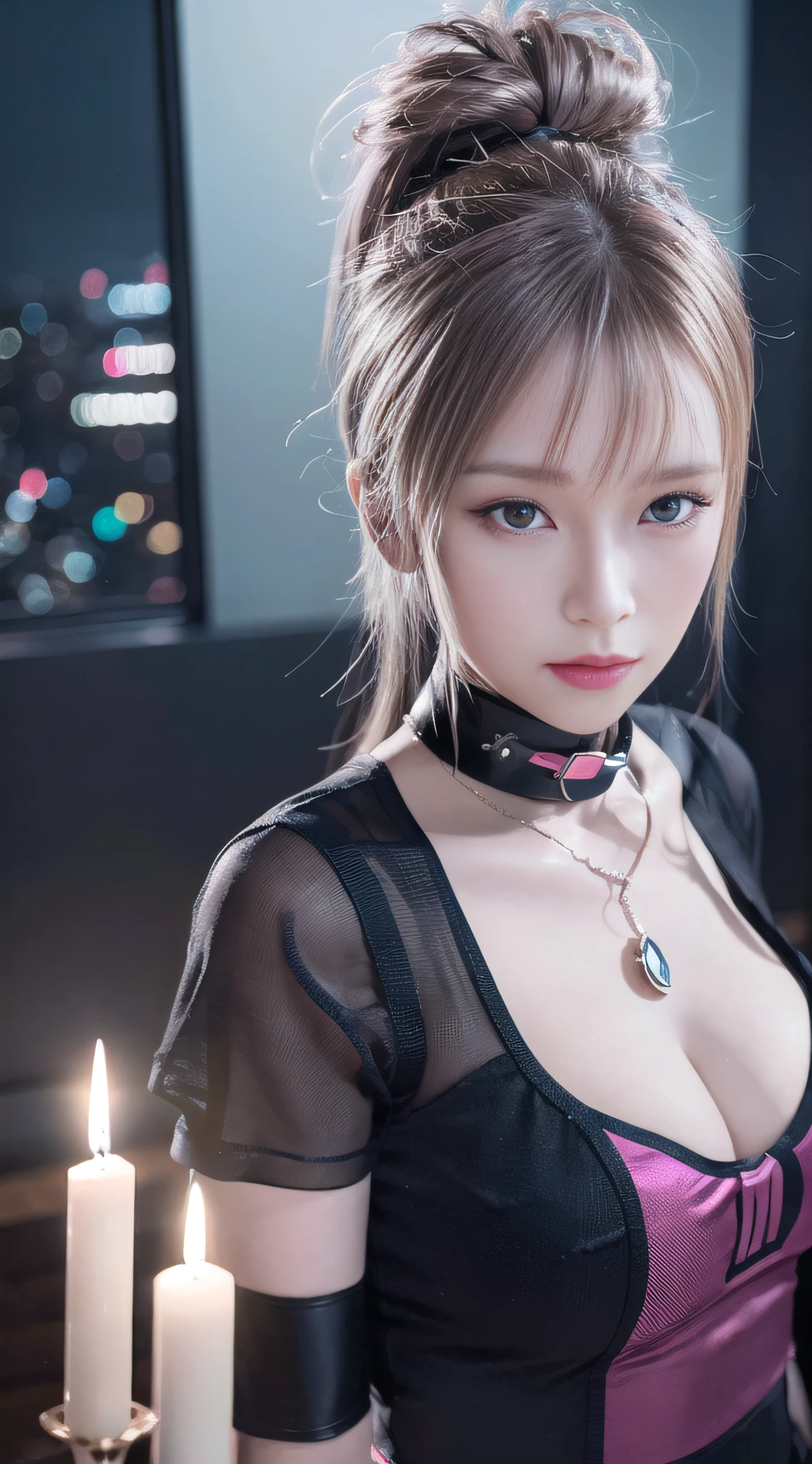 1girl, dynamic angle, splash art, octane render, Dutch angle shot of a Mennonite Female Abjurer, Mohawk hair, cyber noir, Candle light, Depth of field 270mm, Kodak portra, official art, unity 8k wallpaper, ultra detailed, aesthetic, masterpiece, best quality, photorealistic