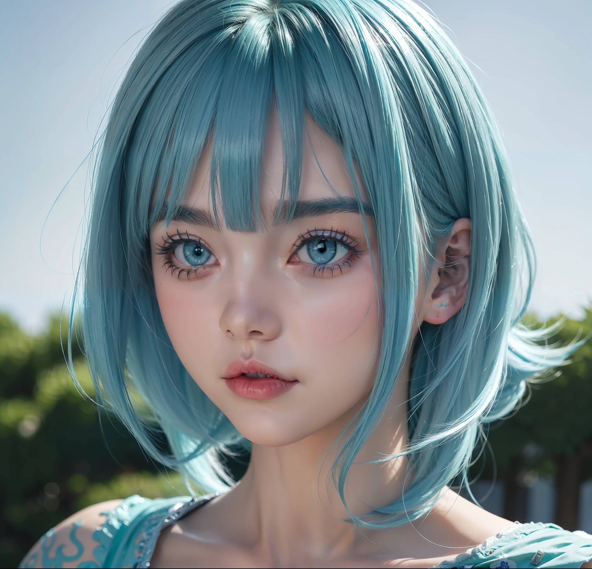 a close up of a girl with light blue hair, anime style portrait, semirealistic anime style, in an anime style, anime girl with light blue hair, blunt bangs, (light blue hair:1.3), (green eyes:1.3)