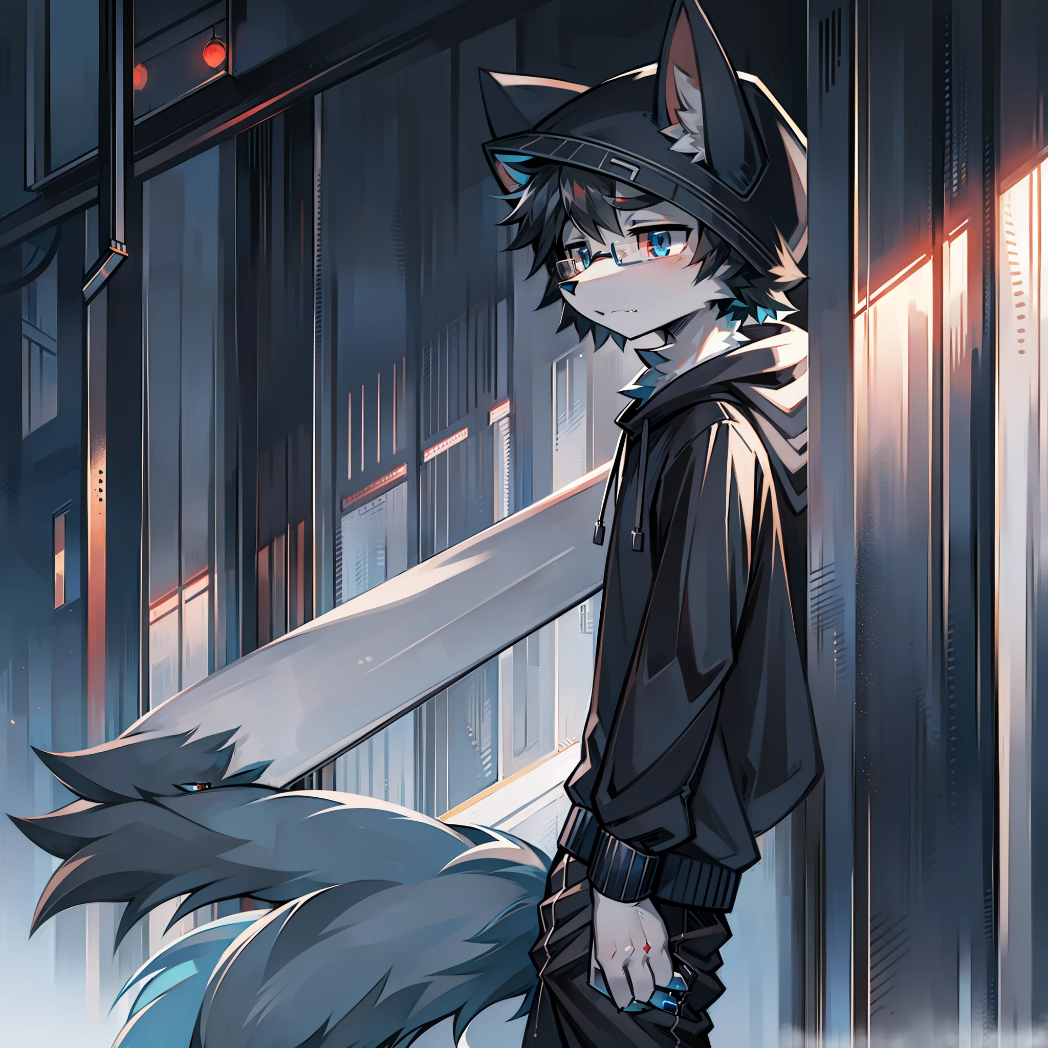 Solo, fluffy, furry male, juvenile, full body fur, gray-blue fur, white fur, gray-blue sweatshirt, gray-black trousers, black hair, black glasses, small canine, fluffy blue tail, male, short hair, anime, colored inner hair, fang, blunt bangs, headphones, hood, mismatched pupils, one blue eye and one other red eye，fox ears，bored，serious，depressed，anime style