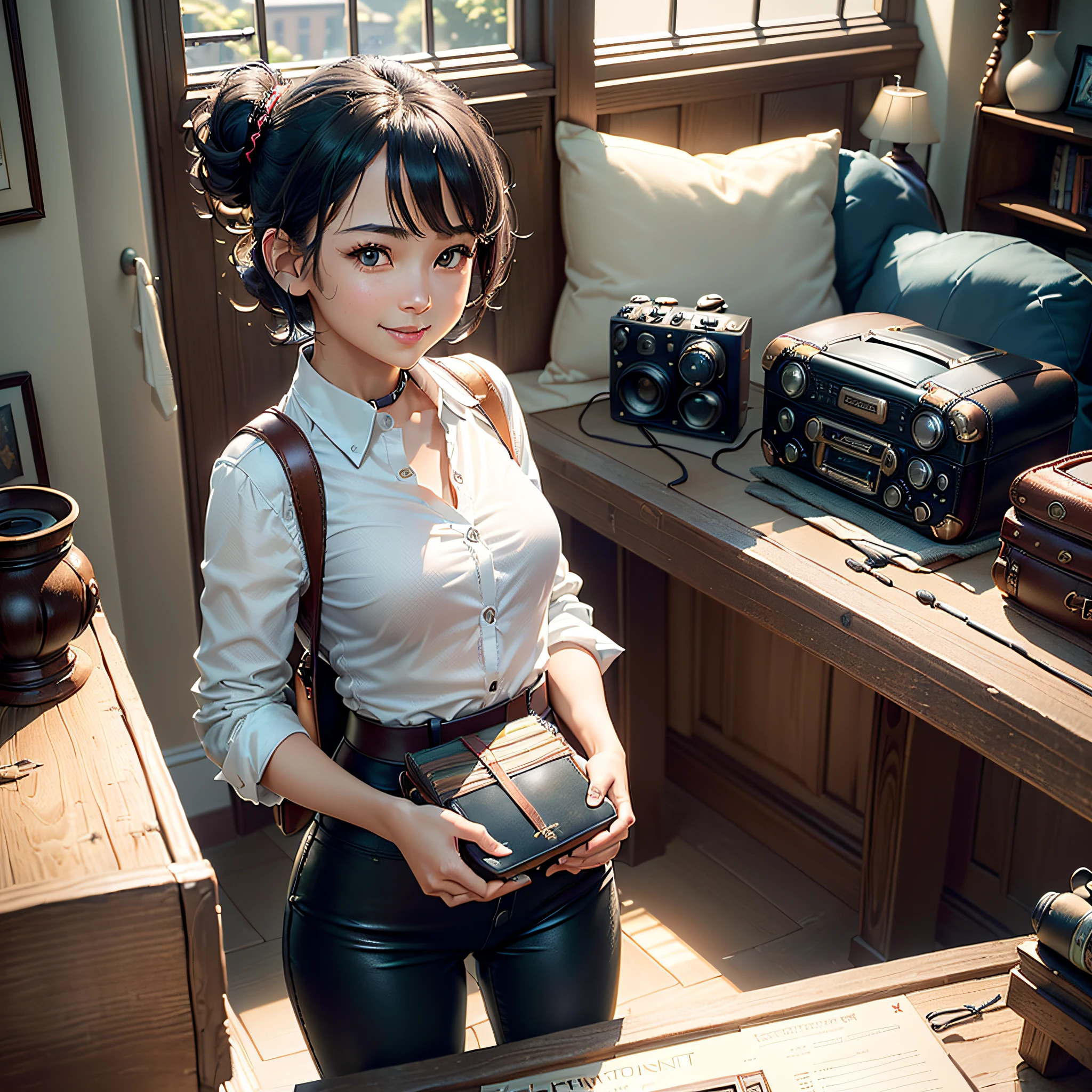 (Masterpiece, highest quality, highest resolution, distinct_image, very elaborate CG, cinematic lighting, ray tracing, drop shadows, detailed detail, (photorealistic: 1.4), high quality textures, fine-grained, realistic facial expressions): (lone girl, face is Japan, blue short hair, hair tied back, small size breasts, Sparkly eyes, eye level shots, happy smile, beauty, slim body, holiday, own room, console games, computer, display, keyboard, mouse, long leather pants, white shirt with collar, leather vest, cardian, handgun holder, carrying leather bag on back, long boots, antique radio, coffee, Model trains, bookshelves, wooden chairs, pots, fans, paintings, stuffed animals, ties, notebooks, stationery, vases, photo frames, letters, fountain pens, calendars, lamps, cushions, baskets, full-length mirrors, candles, newspapers, sweets, park view outside the window, telephone, fruit, telescope, retro TV, camera, )
