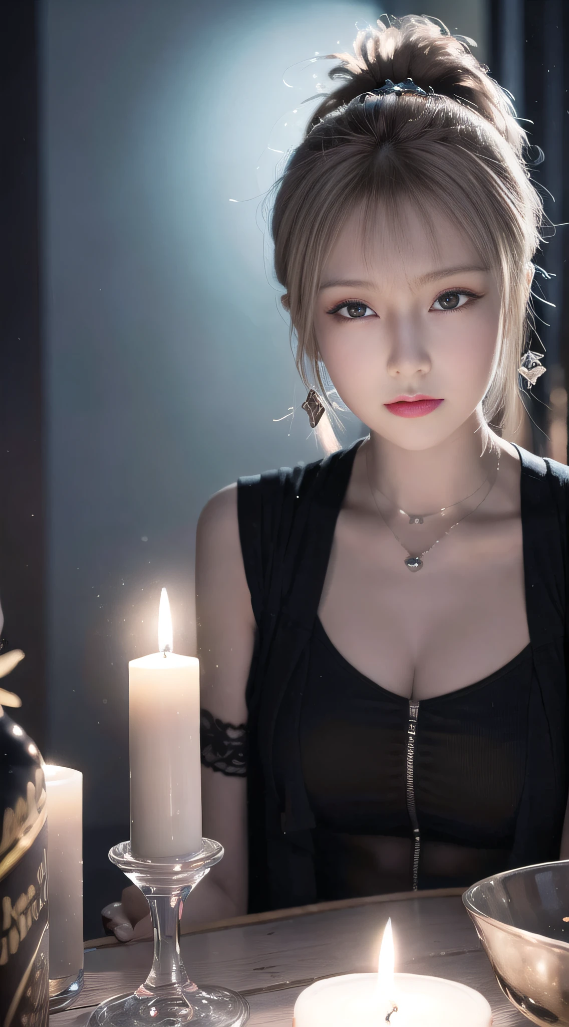 1girl, dynamic angle, splash art, octane render, Dutch angle shot of a Mennonite Female Abjurer, Mohawk hair, cyber noir, Candle light, Depth of field 270mm, Kodak portra, official art, unity 8k wallpaper, ultra detailed, aesthetic, masterpiece, best quality, photorealistic