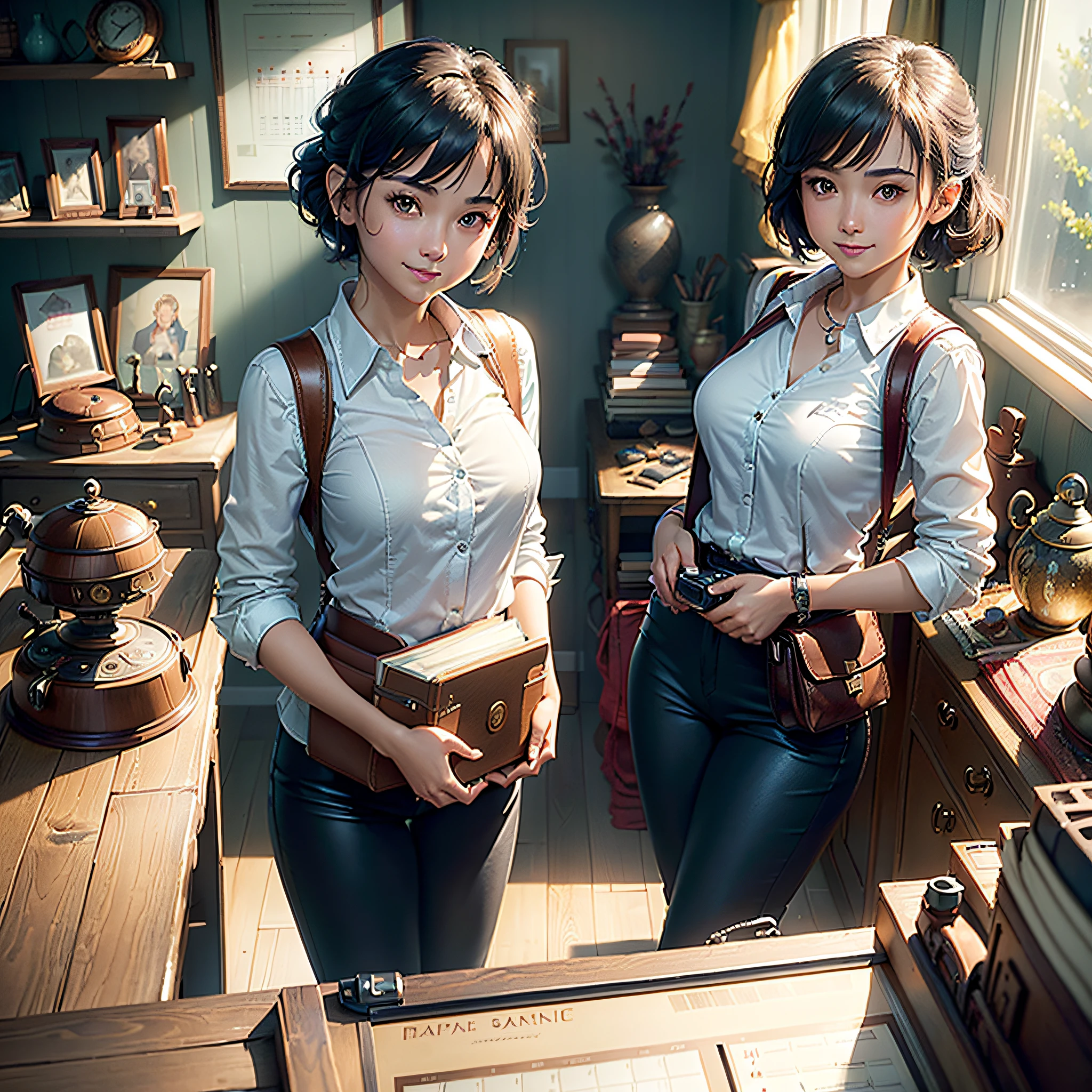 (Masterpiece, highest quality, highest resolution, distinct_image, very elaborate CG, cinematic lighting, ray tracing, drop shadows, detailed detail, (photorealistic: 1.4), high quality textures, fine-grained, realistic facial expressions): (lone girl, face is Japan, blue short hair, hair tied back, small size breasts, Sparkly eyes, eye level shots, happy smile, beauty, slim body, holiday, own room, console games, computer, display, keyboard, mouse, long leather pants, white shirt with collar, leather vest, cardian, handgun holder, carrying leather bag on back, long boots, antique radio, coffee, Model trains, bookshelves, wooden chairs, pots, fans, paintings, stuffed animals, ties, notebooks, stationery, vases, photo frames, letters, fountain pens, calendars, lamps, cushions, baskets, full-length mirrors, candles, newspapers, sweets, park view outside the window, telephone, fruit, telescope, retro TV, camera, )