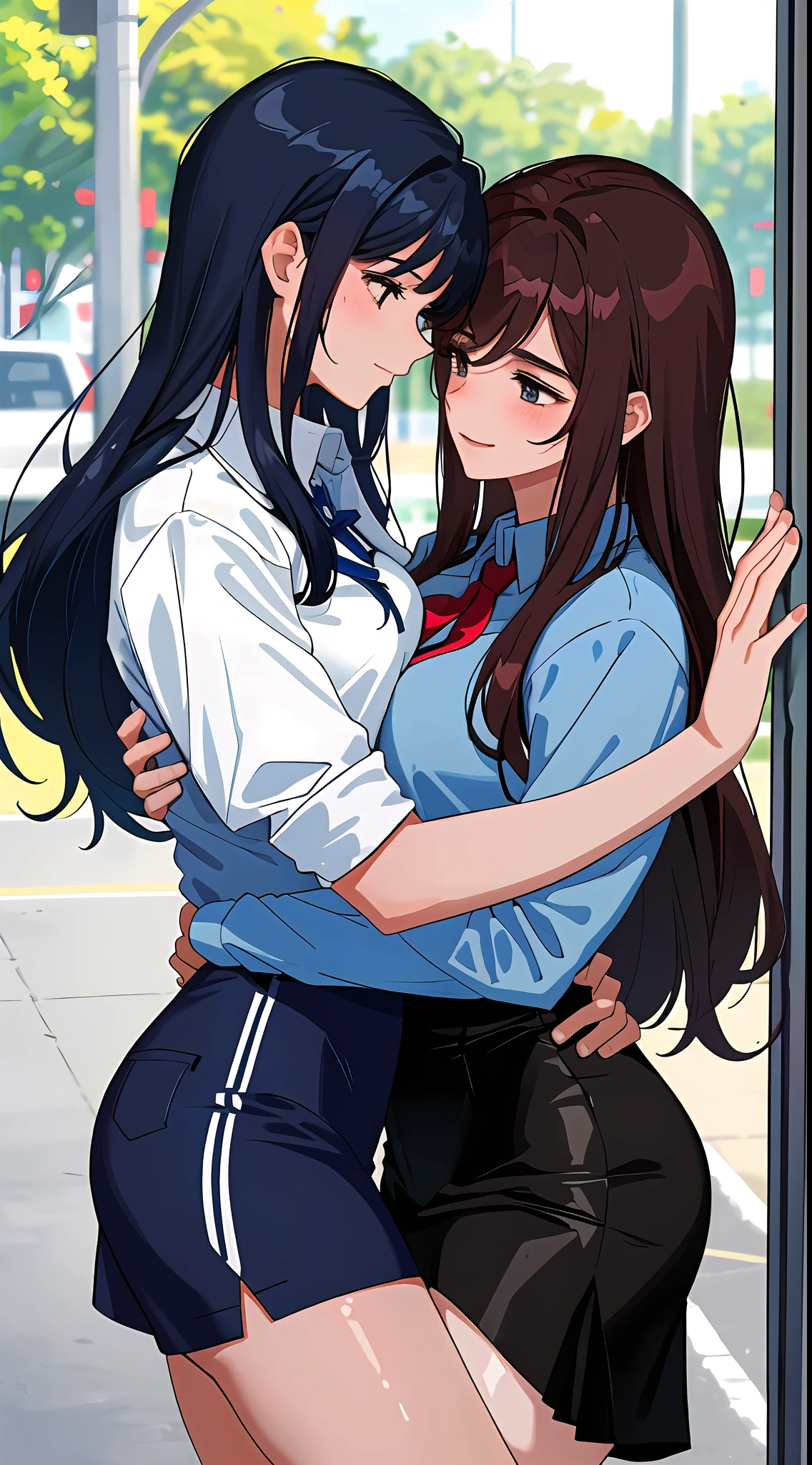 2 women hugging in a college, wearing sexy high school clothes, on a hot summer day, sexy:1,5, yuri, lesbian, nsfw, lascivious:1,5