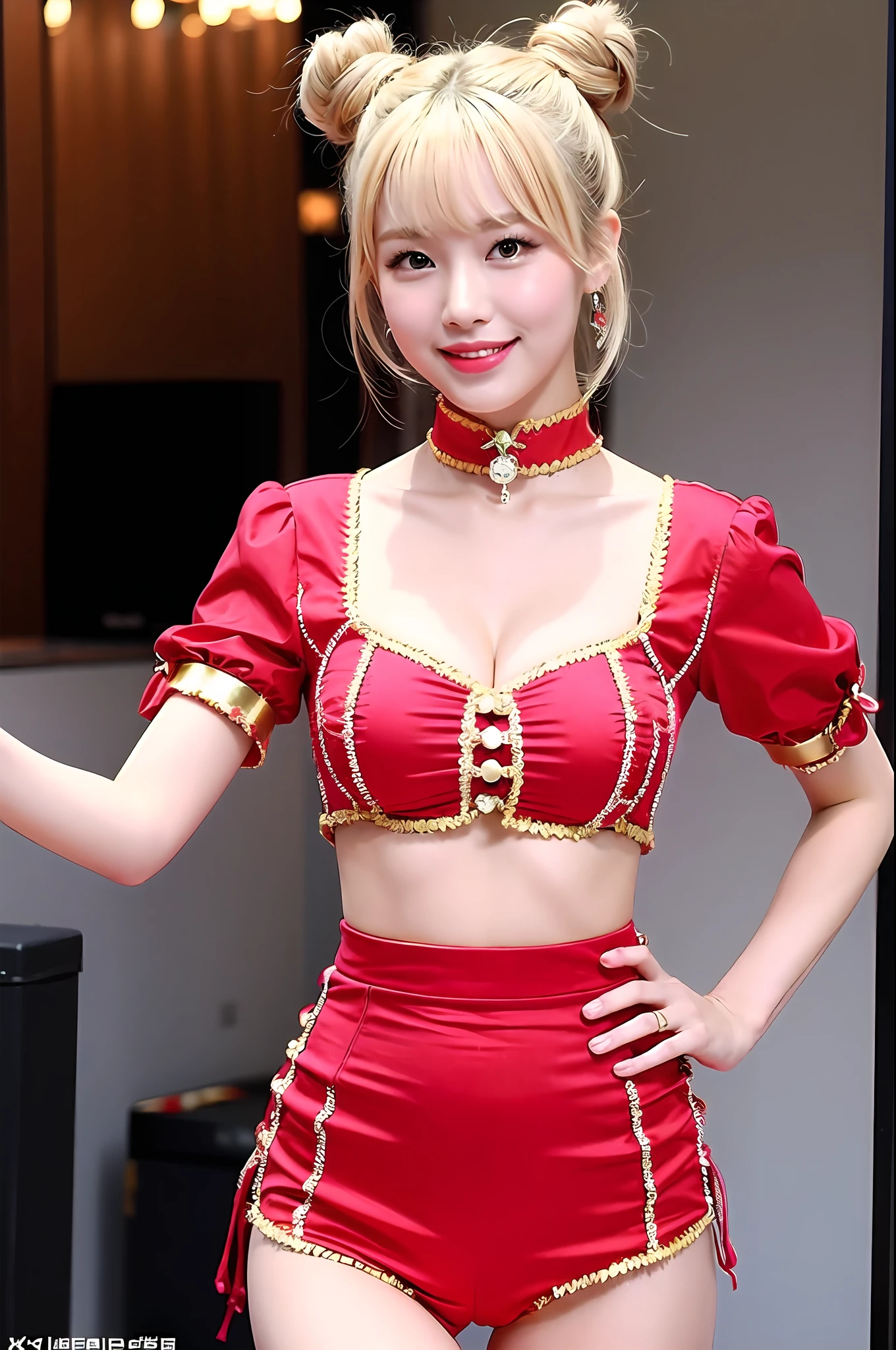 Korean woman, blonde, with bangs, K-pop idol, sexy woman, bun hair, smile, red china outfit