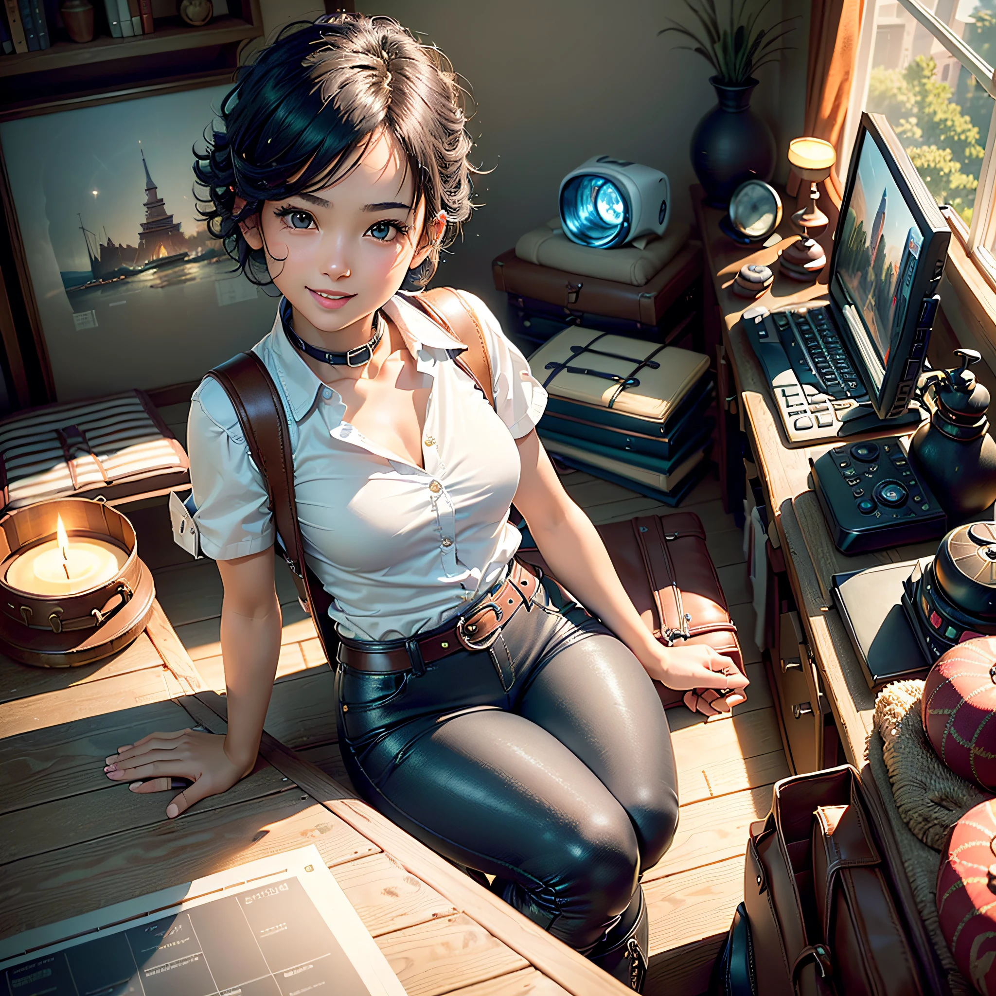 (Masterpiece, highest quality, highest resolution, distinct_image, very elaborate CG, cinematic lighting, ray tracing, drop shadows, detailed detail, (photorealistic: 1.4), high quality textures, fine-grained, realistic facial expressions): (lone girl, face is Japan, blue short hair, hair tied back, small size breasts, Sparkly eyes, eye level shots, happy smile, beauty, slim body, holiday, own room, console games, computer, display, keyboard, mouse, long leather pants, white shirt with collar, leather vest, cardian, handgun holder, carrying leather bag on back, long boots, antique radio, coffee, Model trains, bookshelves, wooden chairs, pots, fans, paintings, stuffed animals, ties, notebooks, stationery, vases, photo frames, letters, fountain pens, calendars, lamps, cushions, baskets, full-length mirrors, candles, newspapers, sweets, park view outside the window, telephone, fruit, telescope, retro TV, camera, )
