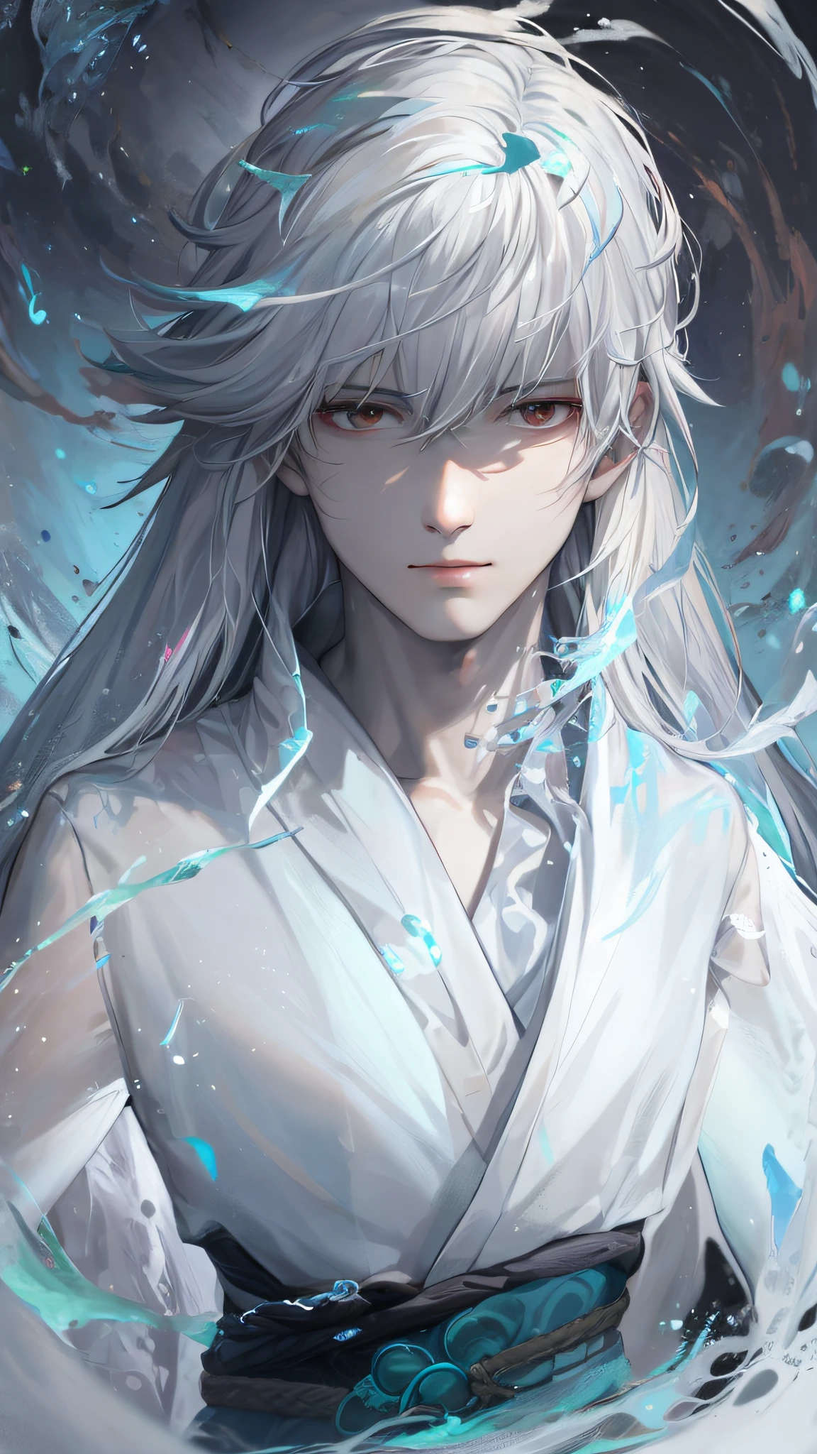 Close-up of a white-haired boy, surrounded by water patterns, immortal posture, beautiful figure painting, Guwiz, Guwiz style artwork, white-haired god, Yang J, epic exquisite character art, stunning character art, Fan Qi, Wu Zhun Shifan, Gu Wiz in pixiv art station, clear and cold face,