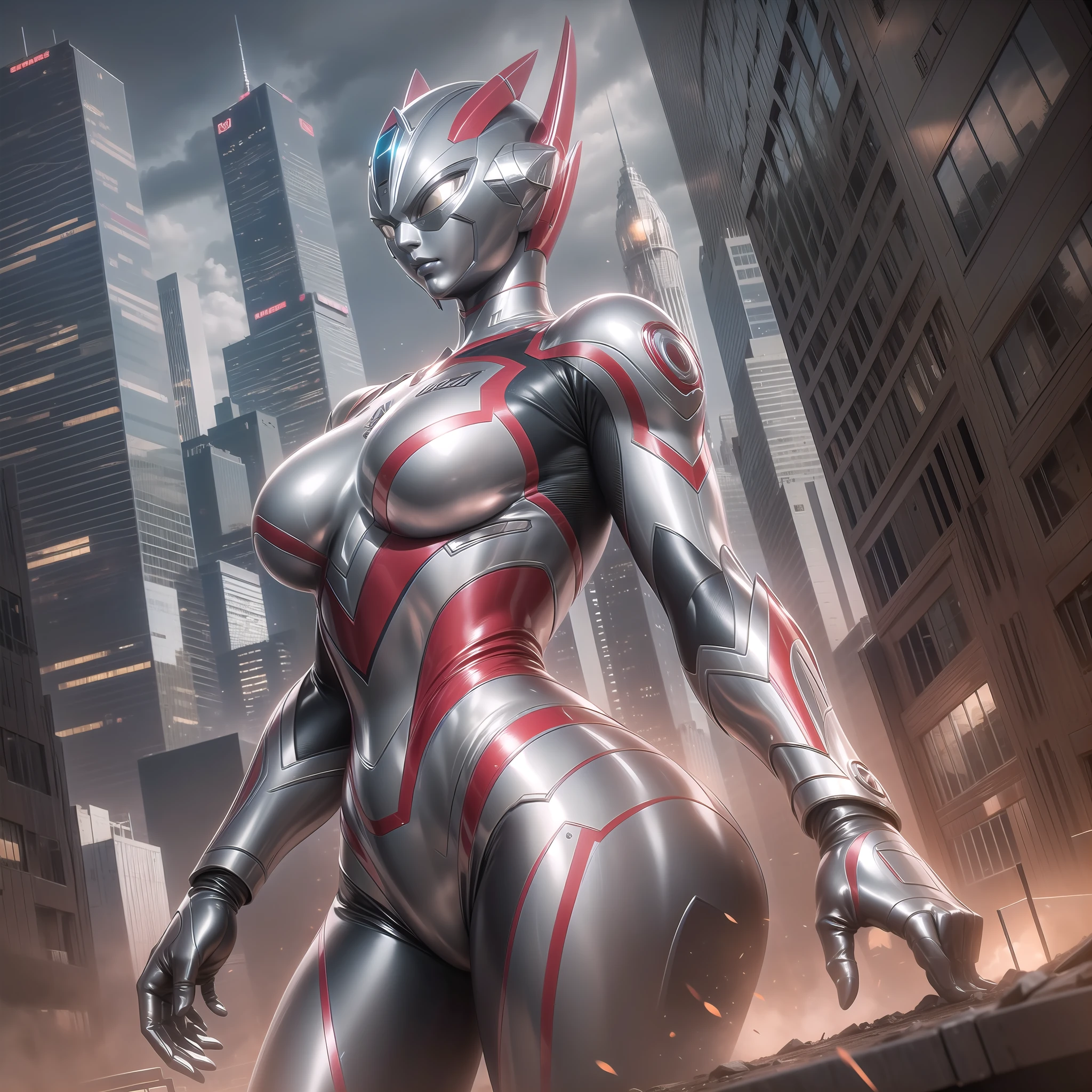 (Masterpiece, Superb Quality, Super Delicate, High Resolution), Male Focus, (((Mobile Ultraman))), (No Muscles))), (Her head is tapered, her body is made of red and silver, her arms are streamlined, she has a round calculator on her chest, she looks tall and thin, the overall look is streamlined and modern), (standing pose), pose for photos, high angle, dark night, city ruins, background details, ((((whole body))), from above, solo, ((( Huge feeling)))
