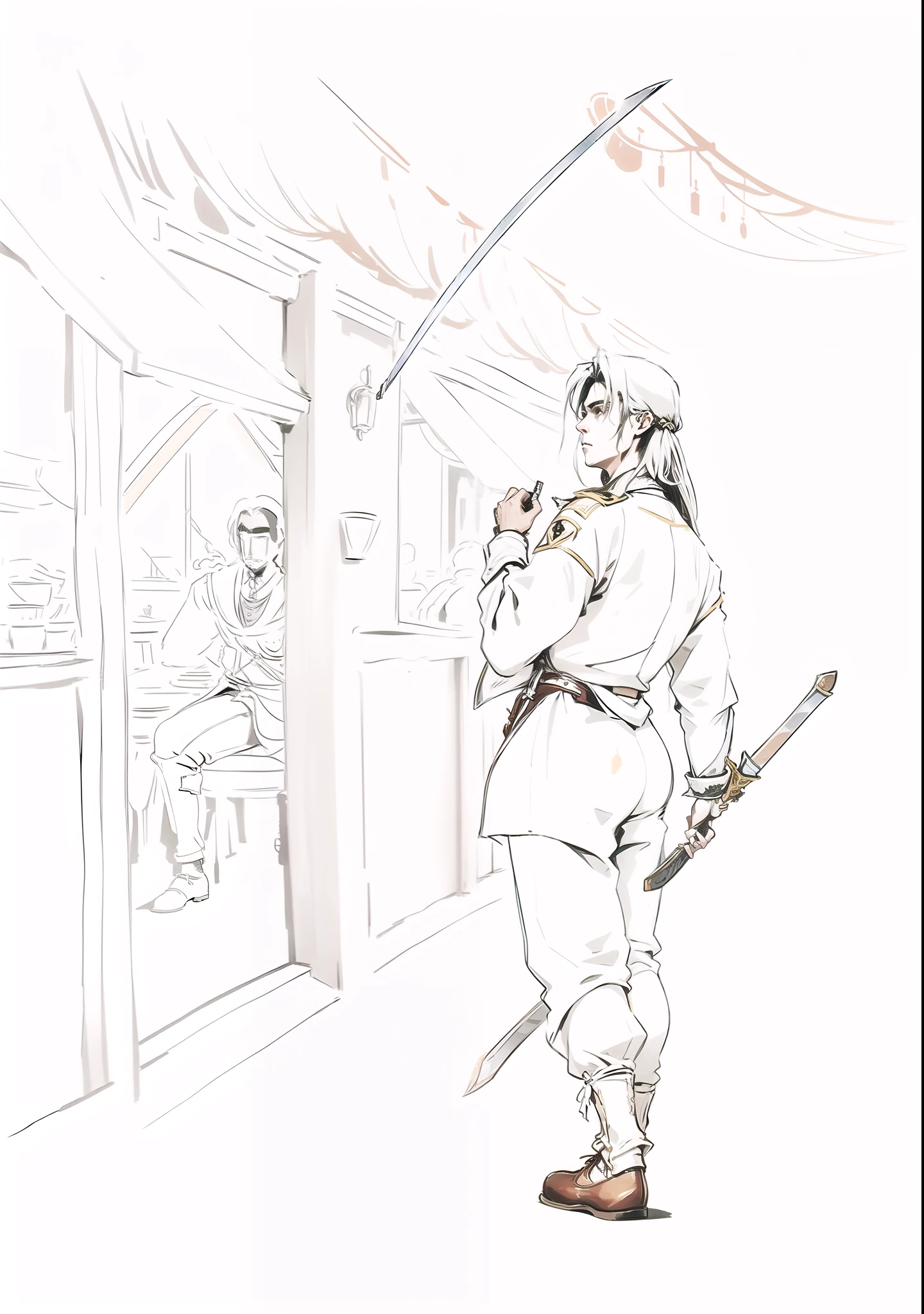 A man in period costume. Sword in hand Restaurant in the background