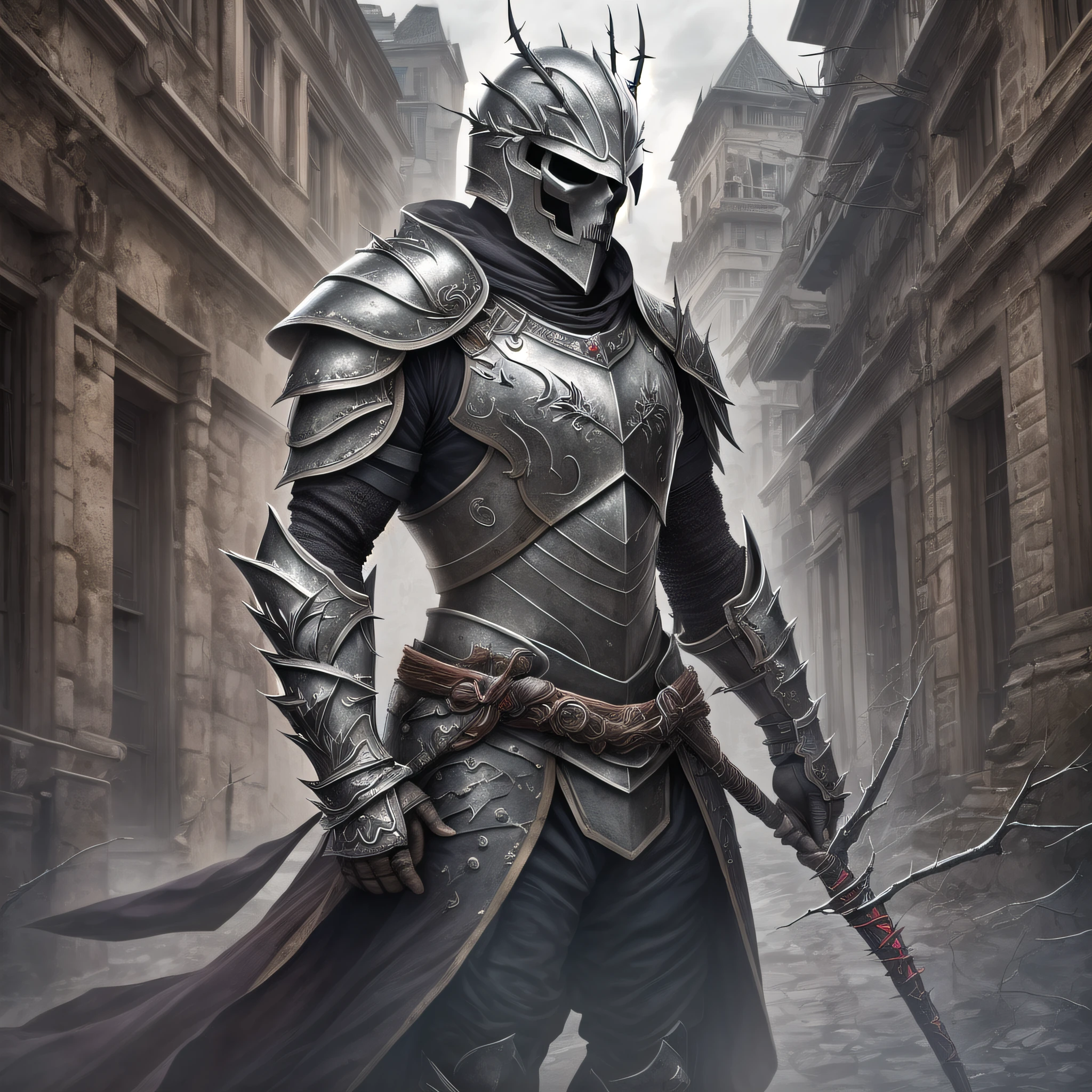 realistic photography, a dark warrior, armor with black thorns, red details, extremely white skin, helmet with skull details, slim body, defined muscles, full body, best quality, 8k, HDR, skull helmet, in a beautiful city, reflective armor, polished armor