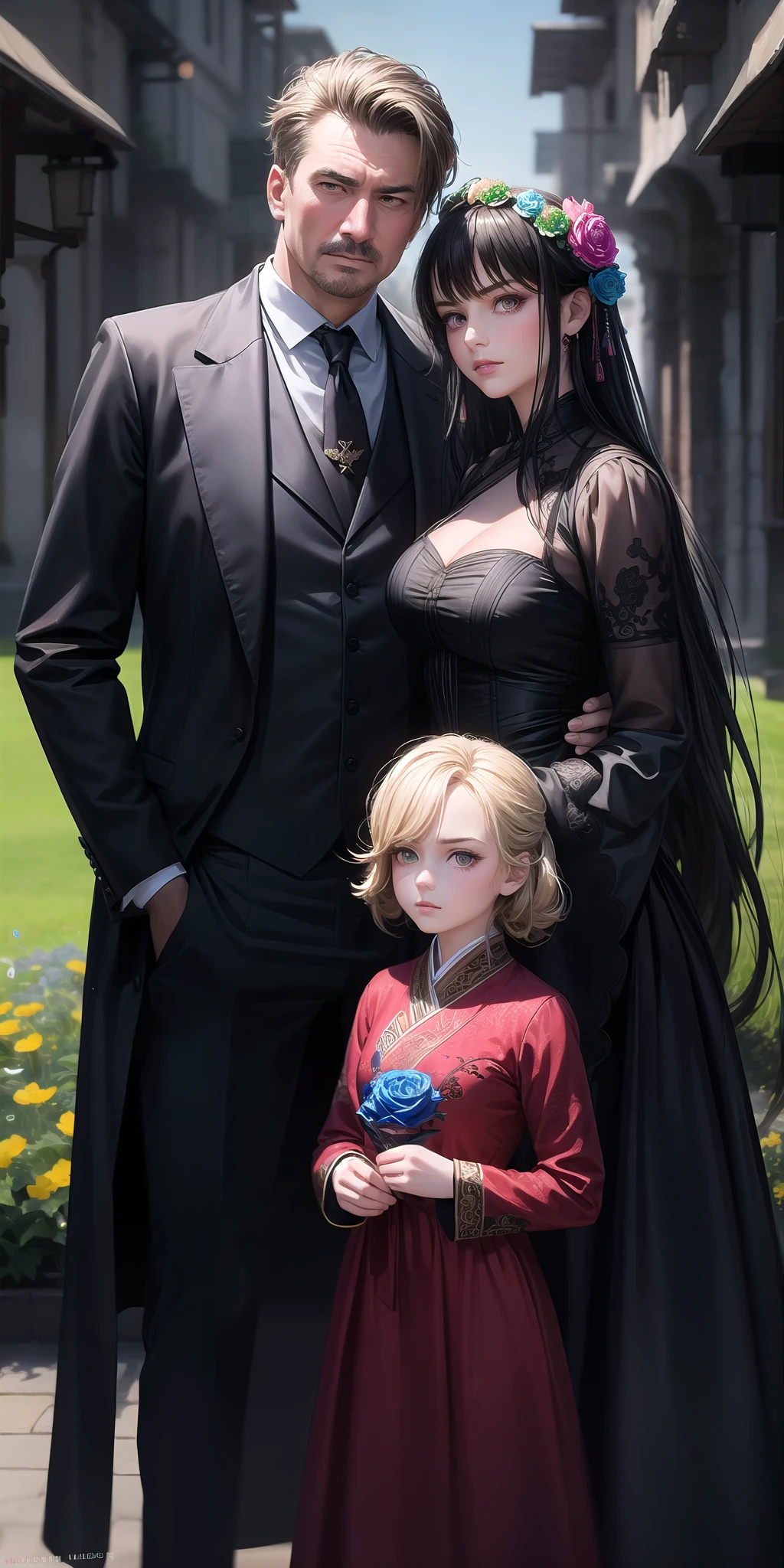 realistic, father and daughter, 1 woman (BLACK hair), bright eyes, confident look, oriental, flowery dress, hidden hands, 1 BLONDE man (LOIRO hair), serene eye, serious look, suit, medieval, suit, hidden hands, victorian, field