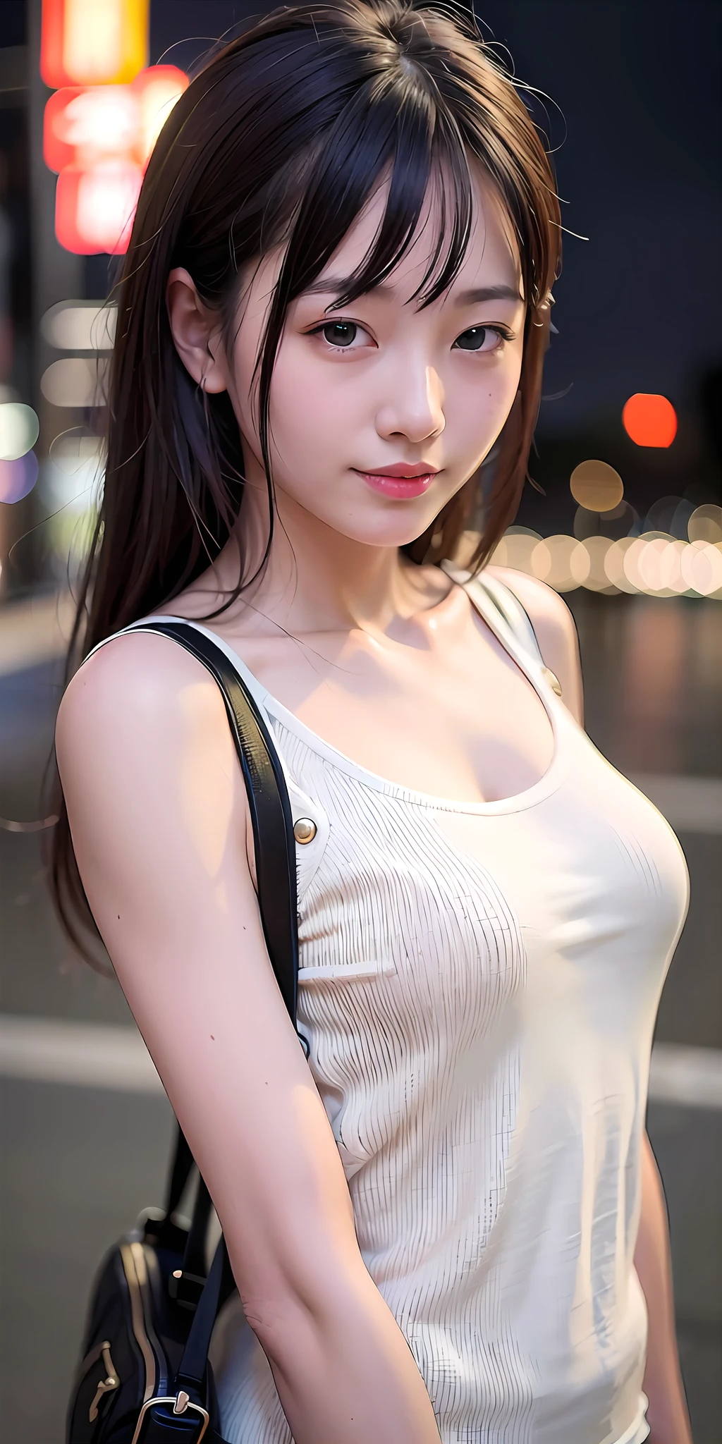 1girl, Tokyo street,night, cityscape,city lights,upper body,close-up,smile,, (8k, RAW photo, best quality, masterpiece:1.2),(realistic, photo-realistic:1.37),