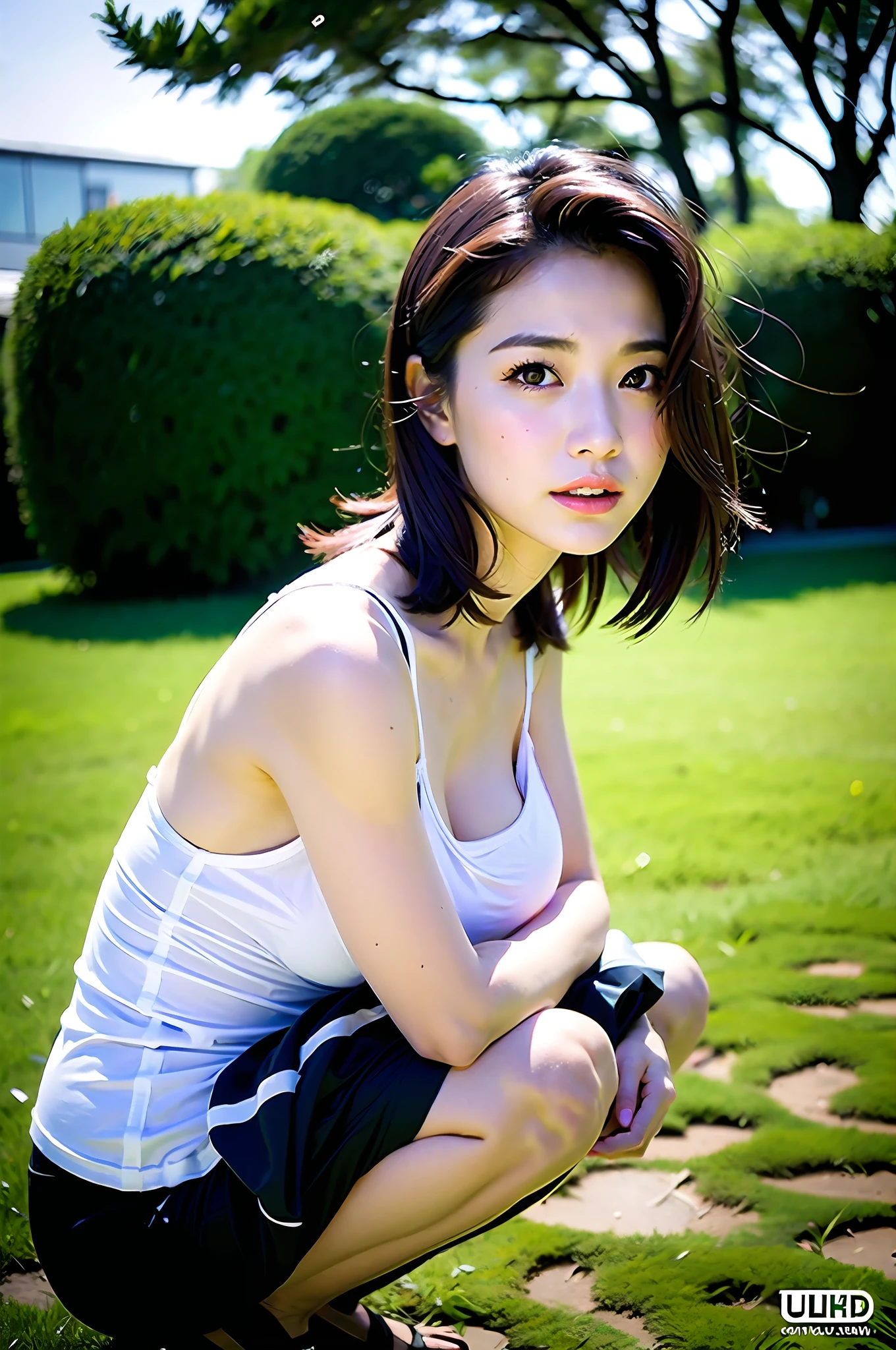 (Best Quality, 8k, 32k, Masterpiece, UHD: 1.2), Cute Japan Woman Pictures, Black Short Hair, Beautiful Face, (Slouch: 1.3), Squatting, (From Top: 1.2), (Close-Up: 1.4), POV, Loose T-Shirt, Big Breasts, (Beautiful Nipple Slip: 0.9), Outdoors, Wind, Glossy Skin, Blurry Background, Gravity-Drawn Breasts