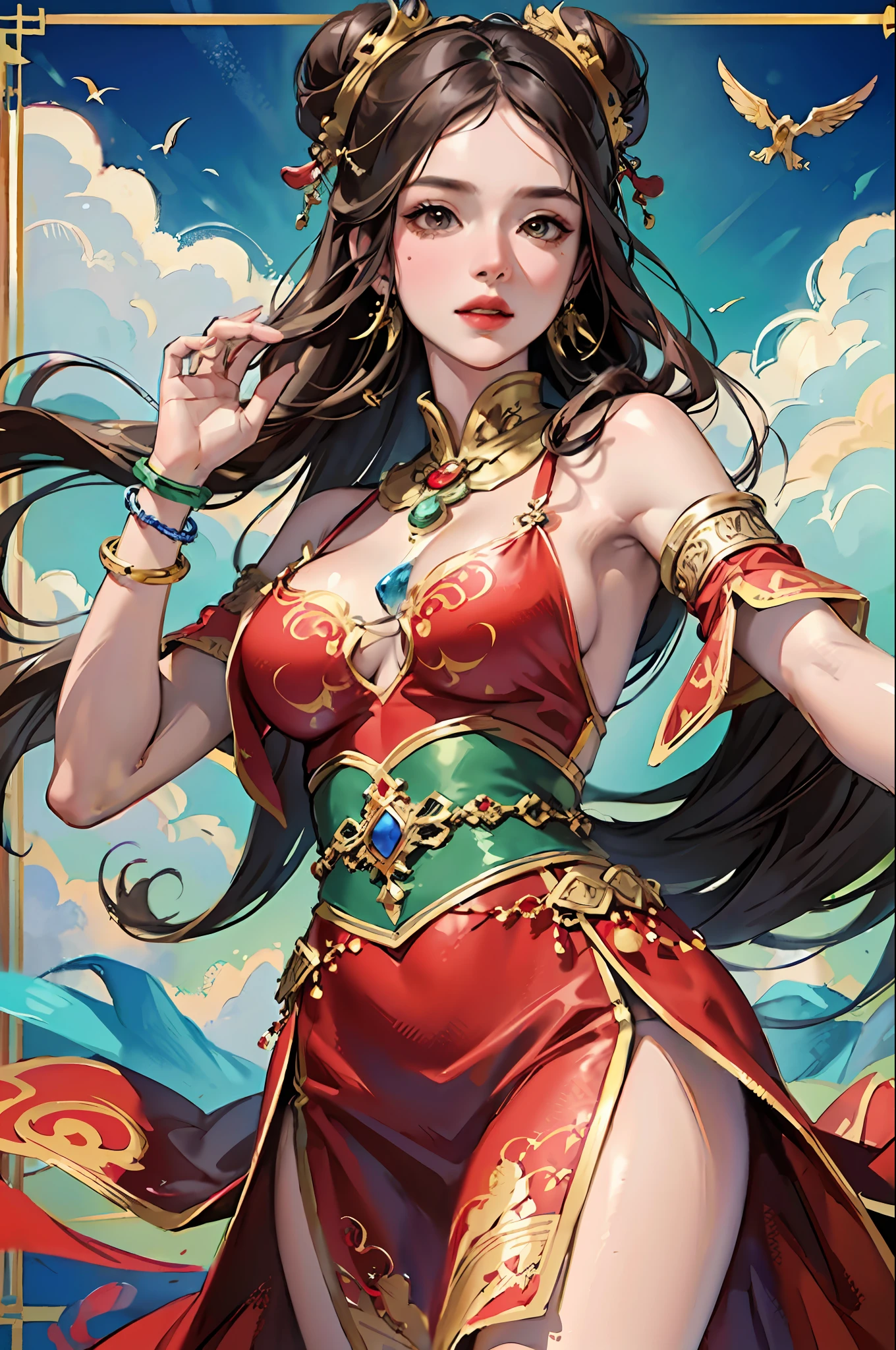 (Masterpiece: 1.2, Best Quality), (Very Detailed Face, Real Pictures, Realistic Skin, Realistic Body, Intricate Details), (High Quality), (Watercolor: 1.3), Pretty Girl, Brunette Hair, Bun All Rolled High, Green Top, Fringed and Gold Ornaments, Jewels on Belly Pollar, Wide Armband with Gold Pattern on the Arm, Red Silk Linked to the Armring, Flying in the Wind, Red and Yellow Long Dress Embroidered with Colorful Patterns, Gorgeous Belt Made of Various Gold Ornaments and Tassel Gemstones, Decoration, Dunhuang Style, Dunhuang Mogao Grottoes, Watercolor Style