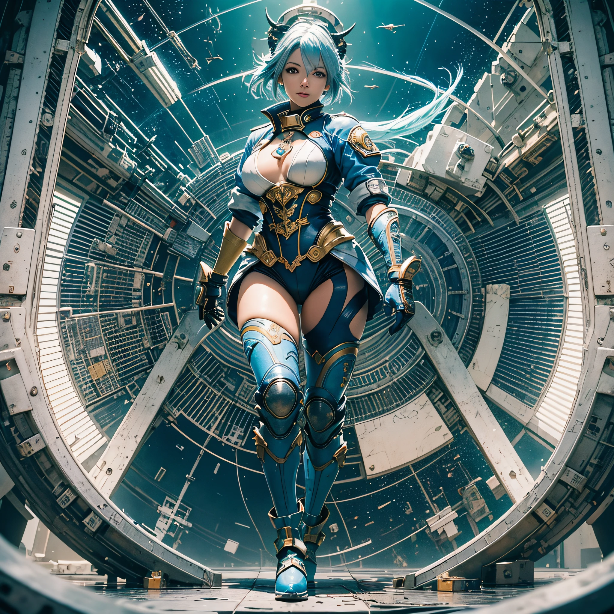 Full body, blue hair, (Dragoon: 1.2), Brantovan, masterpiece, top quality, official art, very elaborate CG Unity 8K wallpaper, for girls, ultra high resolution, (photorealistic: 1.4), golden hour lighting, pilot suit in white and blue colors, (platinum shorthair: 0.8), (puffy eyes), looking at the viewer, facing forward, smile, medium breasts, shirt lift, gloves, short hair, long boots,