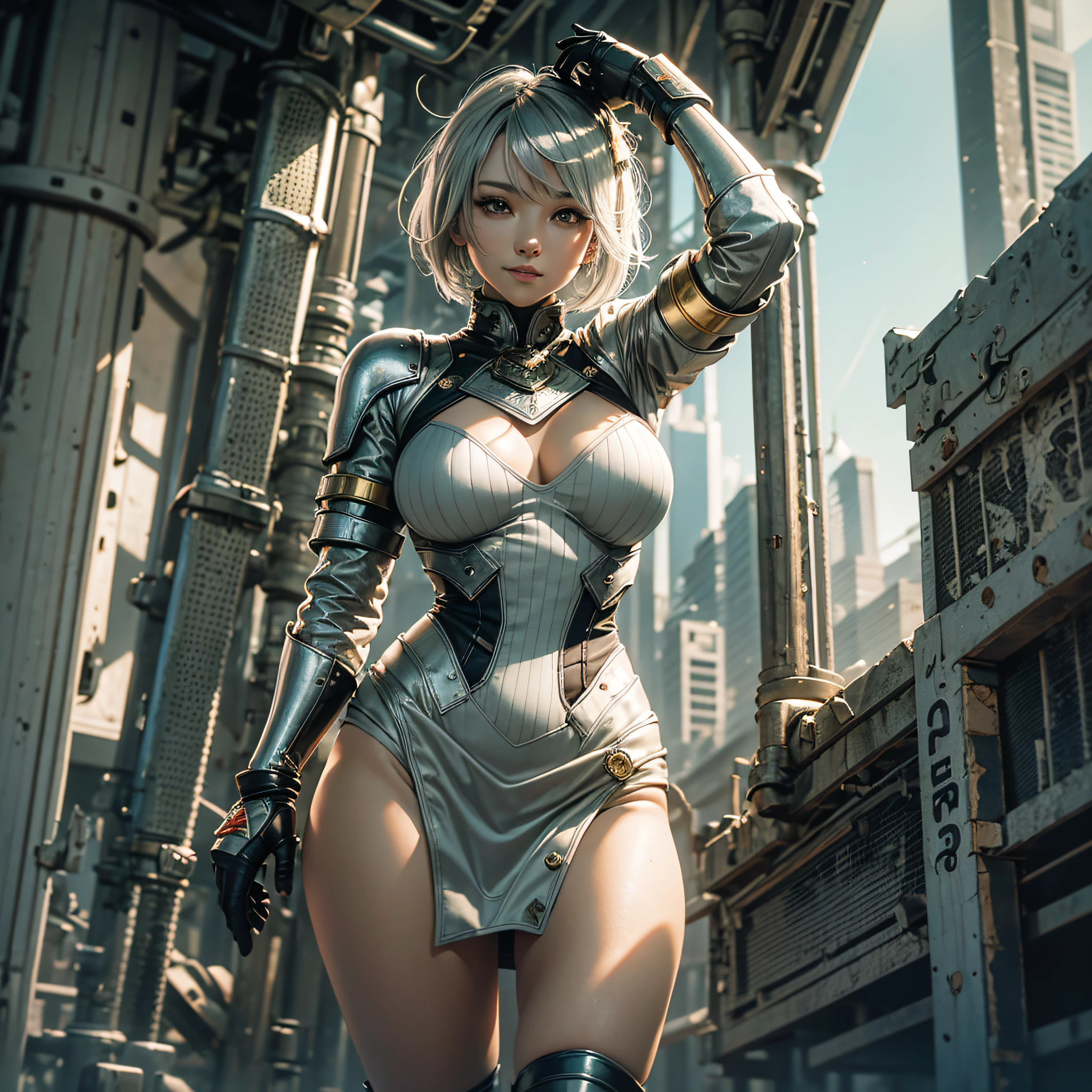Full body, gray hair, (Dragoon: 1.2), Brant Bang, masterpiece, top quality, official art, very elaborate CG Unity 8K wallpaper, for girls, ultra high resolution, (photorealistic: 1.4), golden hour lighting, sweater dress, (upper body), (platinum shorthair: 0.8), (puffy eyes), looking at the viewer, frontal, smile, medium breasts, shirt lift, Gloves, shorthair