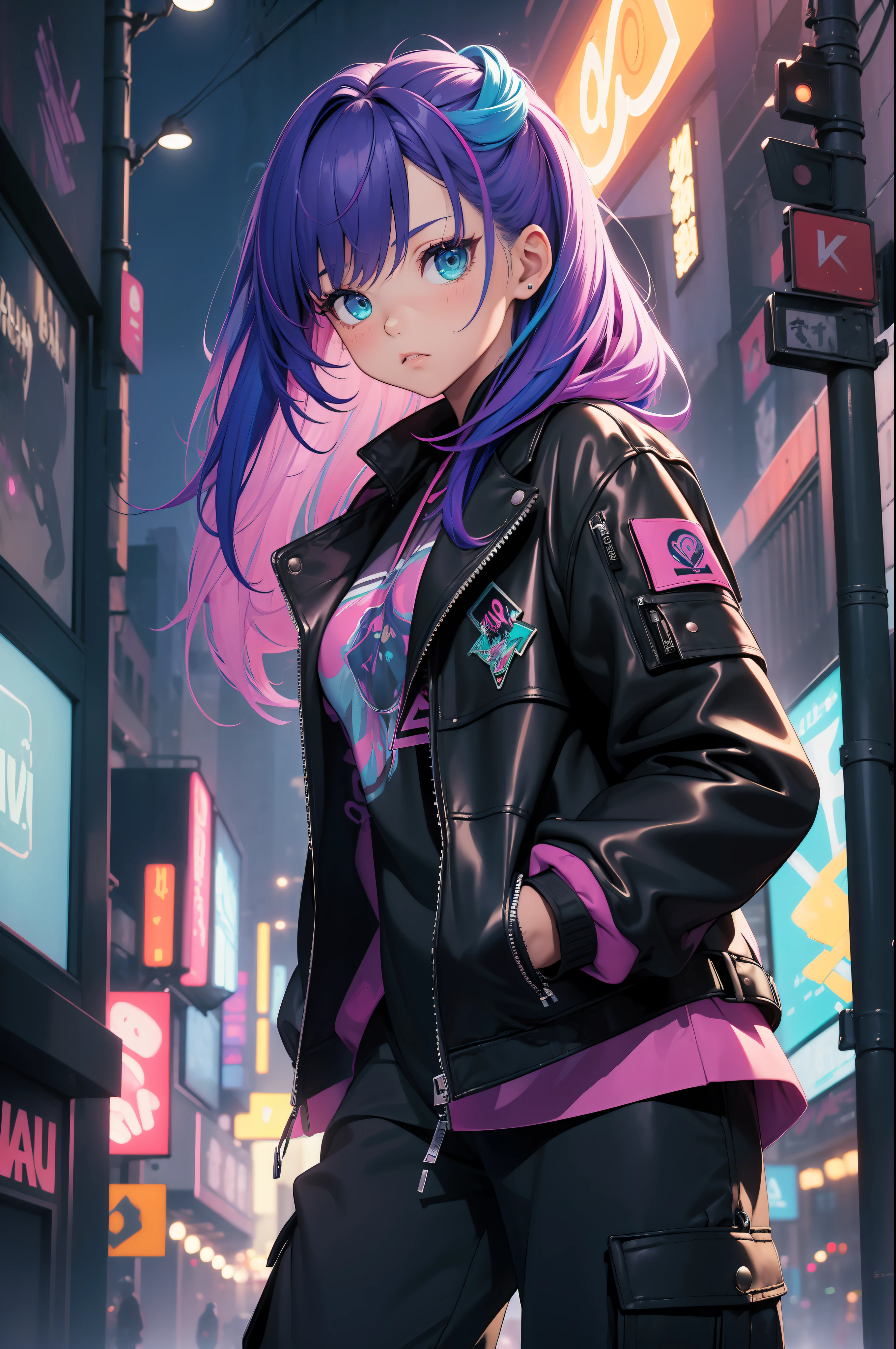 (masterpiece:1.4), 1girl, Streetwear, leather jacket, cargo pants, street, (masterpiece, best quality, highres, ultra detailed ), night, depth of field, absurdres, (masterpiece:1.4), ultra-detailed, 1girl, stand up, magenta and teal, long purple wildly hair with teal streaks, urban mage, surrounded by neon and colored sparks