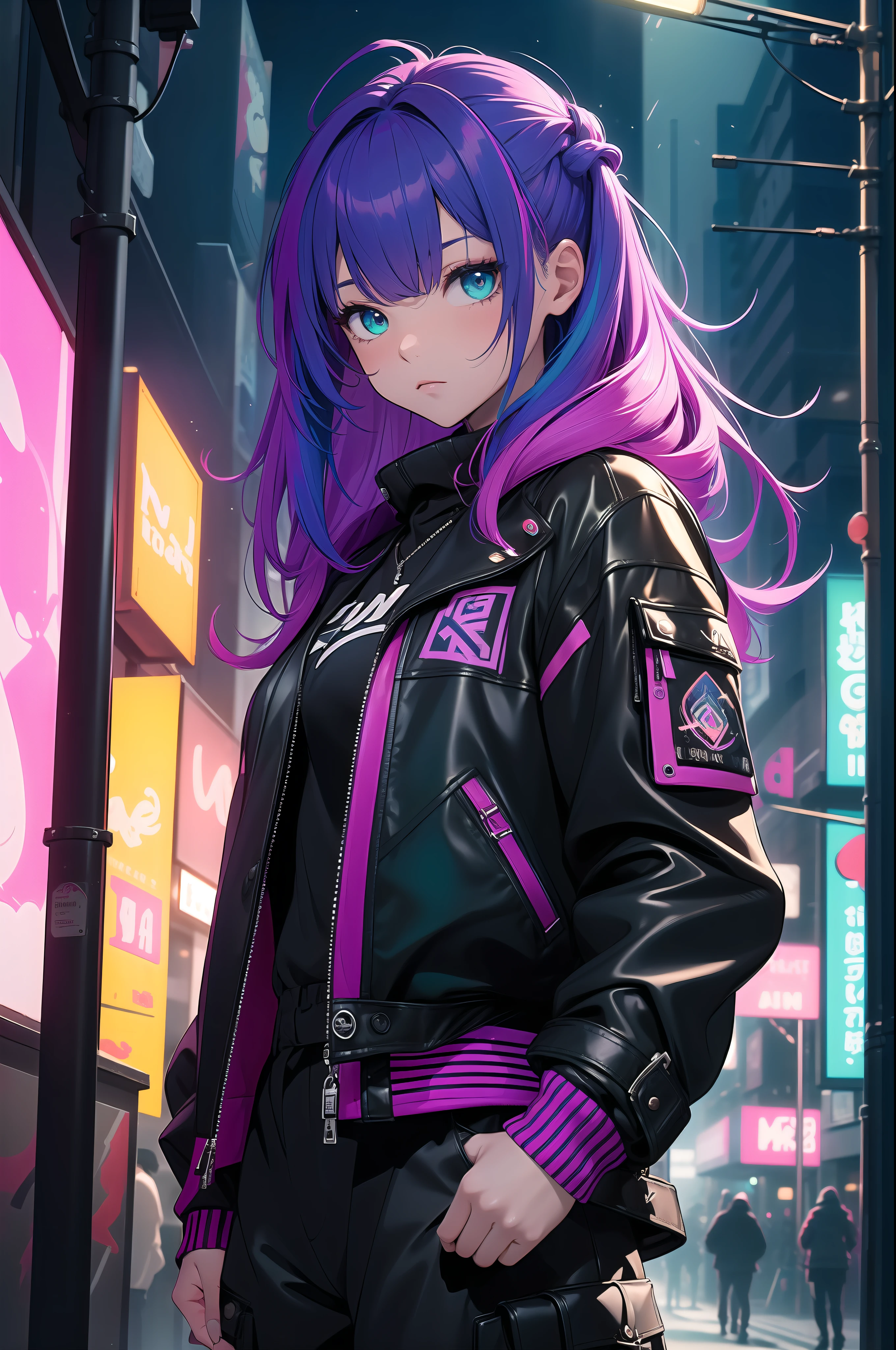 (masterpiece:1.4), 1girl, Streetwear, leather jacket, cargo pants, street, (masterpiece, best quality, highres, ultra detailed ), night, depth of field, absurdres, (masterpiece:1.4), ultra-detailed, 1girl, stand up, magenta and teal, long purple wildly hair with teal streaks, urban mage, surrounded by neon and colored sparks