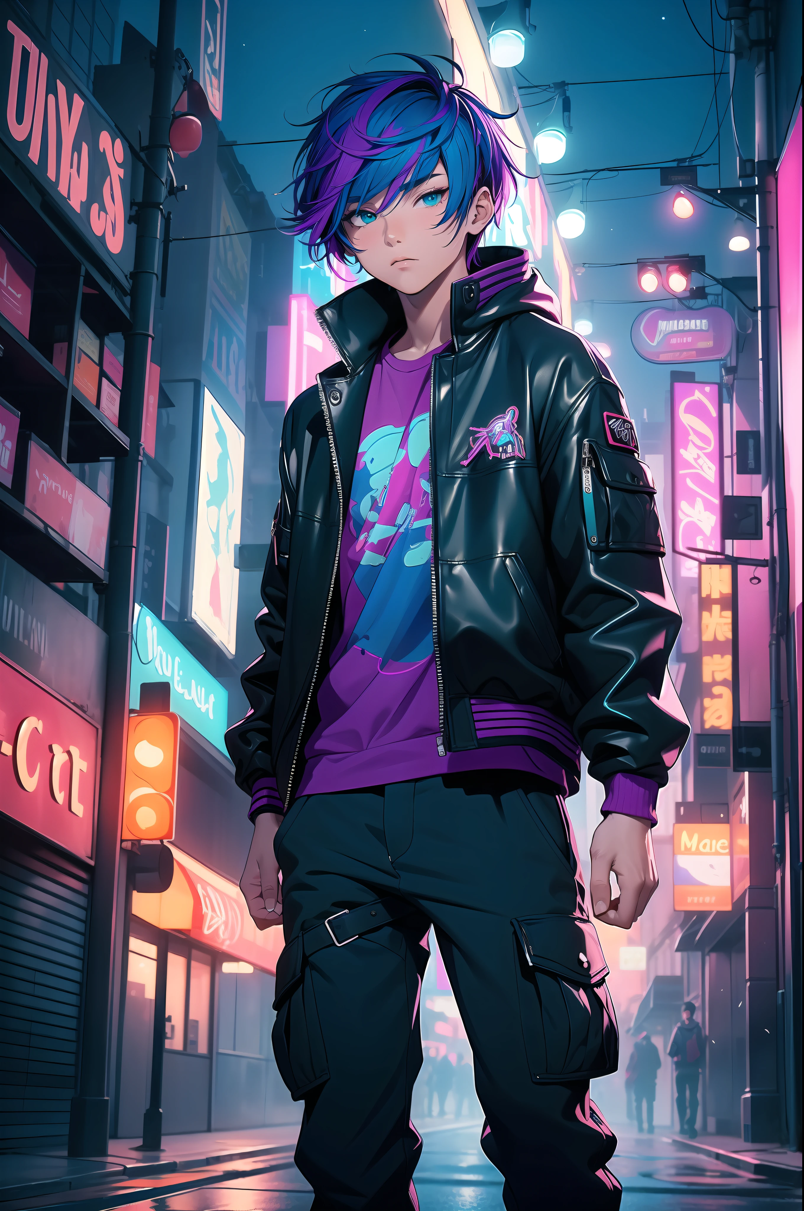 (masterpiece:1.4), 1boy, Streetwear, leather jacket, cargo pants, street, (masterpiece, best quality, highres, ultra detailed ), night, depth of field, absurdres, (masterpiece:1.4), ultra-detailed, 1boy, stand up, magenta and teal, long purple wildly hair with teal streaks, urban mage, surrounded by neon and colored sparks