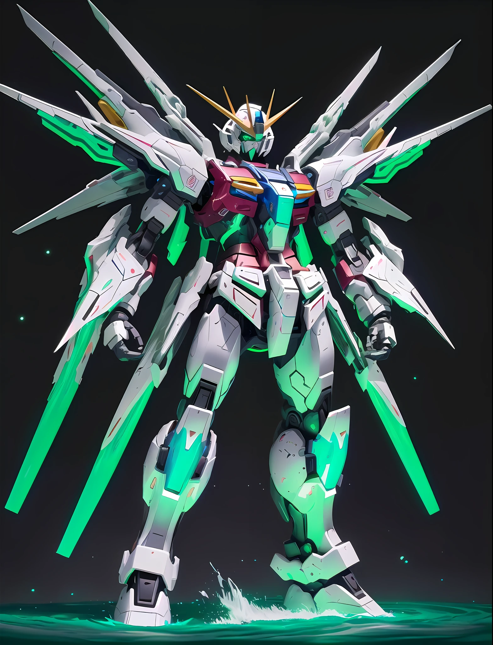 Robot, Top Quality, High Definition, Ultra Detail, Masterpiece, 8K Wallpaper, ((Z Gundam Color), Light Green Eyes, Body Light Red), Absurdity, High Resolution, Ultra-fine Illustration, Absurdity, Solo, Game CG, Background Universe, (Black Light: 1), (Detailed Beautiful Face and Eyes: 1.0), (Full Body Feminine Form: 1.5), Command Spell, Mecha Girl, Mask, Mechanical Parts, Robot joint, , full armor, (full body: 1.5), shining eyes, mech, standing and holding a rifle, watching the viewer, skinny, V-shaped large vernier in a backpack, (((aircraft with the same color scheme as the Z Gundam)), ((fluid armor, psychomu machine, funnel mounted, funnel equipped, high mega launcher equipped)), funnel floating,