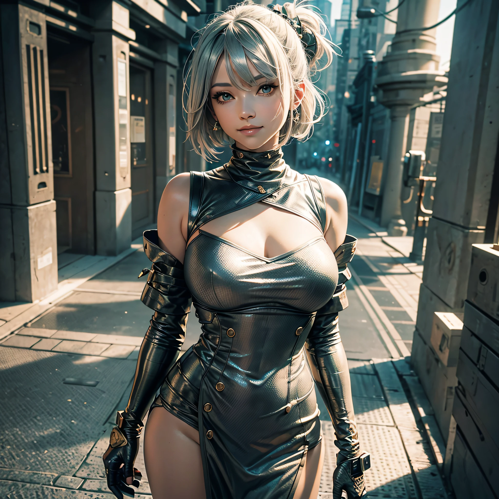 Full body, gray hair, (Dragoon: 1.2), Brant Bang, masterpiece, top quality, official art, very elaborate CG Unity 8K wallpaper, for girls, ultra high resolution, (photorealistic: 1.4), golden hour lighting, sweater dress, (upper body), (platinum shorthair: 0.8), (puffy eyes), looking at the viewer, frontal, smile, medium breasts, shirt lift, Gloves, shorthair