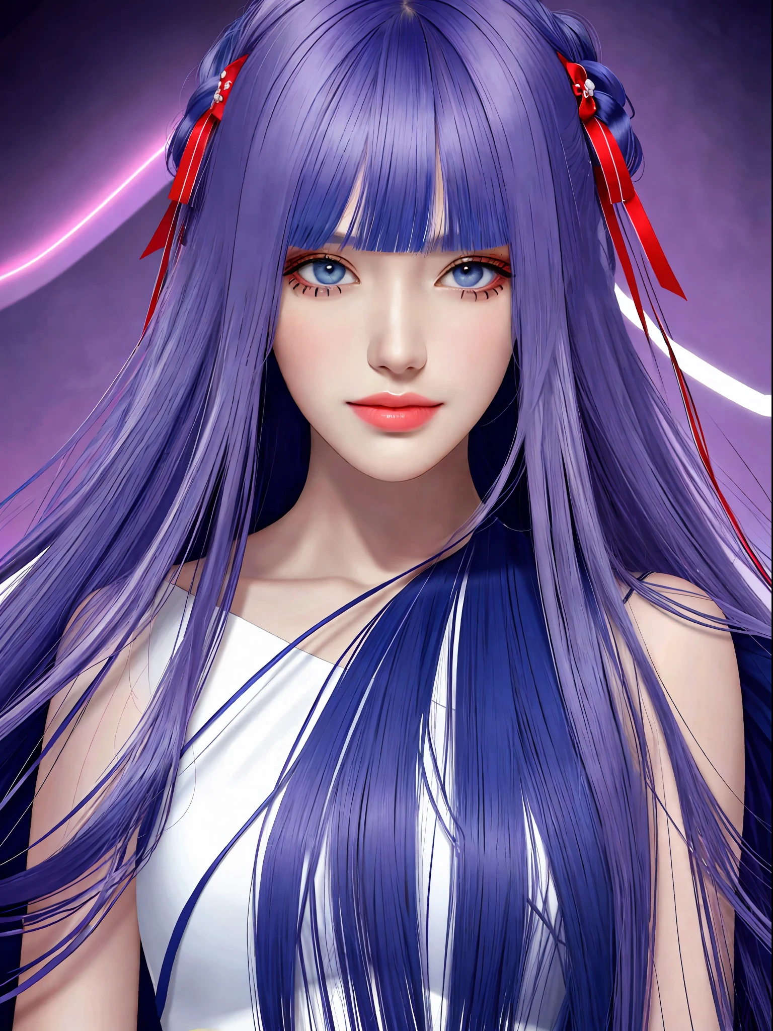 Best quality, masterpiece, super resolution, multicolored hair, long hair, asymmetrical bangs, ribbon, mole under the eyes, gradient eyes, eyeballs, shyness, smile, makeup, licking lips, evil, gorgeous evening dress, character setting, close up, canon, film grain, surrealism, rococo style, UHD, masterpiece, award-winning, bust