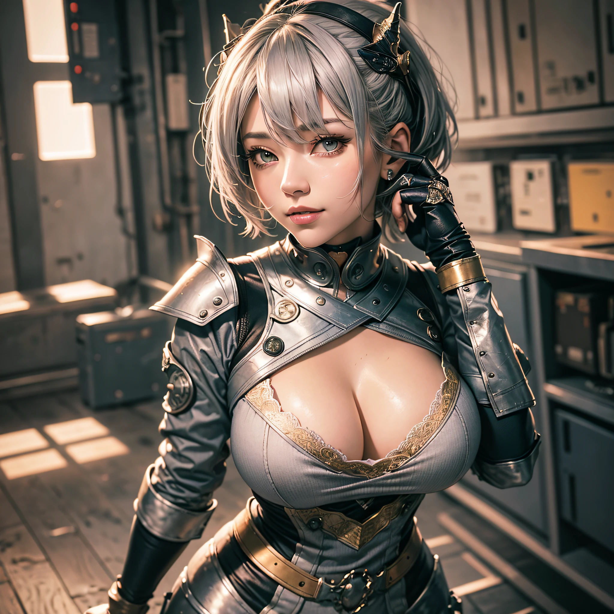 Full body, gray hair, (Dragoon: 1.2), Brant Bang, masterpiece, top quality, official art, very elaborate CG Unity 8K wallpaper, for girls, ultra high resolution, (photorealistic: 1.4), golden hour lighting, sweater dress, (upper body), (platinum shorthair: 0.8), (puffy eyes), looking at the viewer, frontal, smile, medium breasts, shirt lift, Gloves, shorthair
