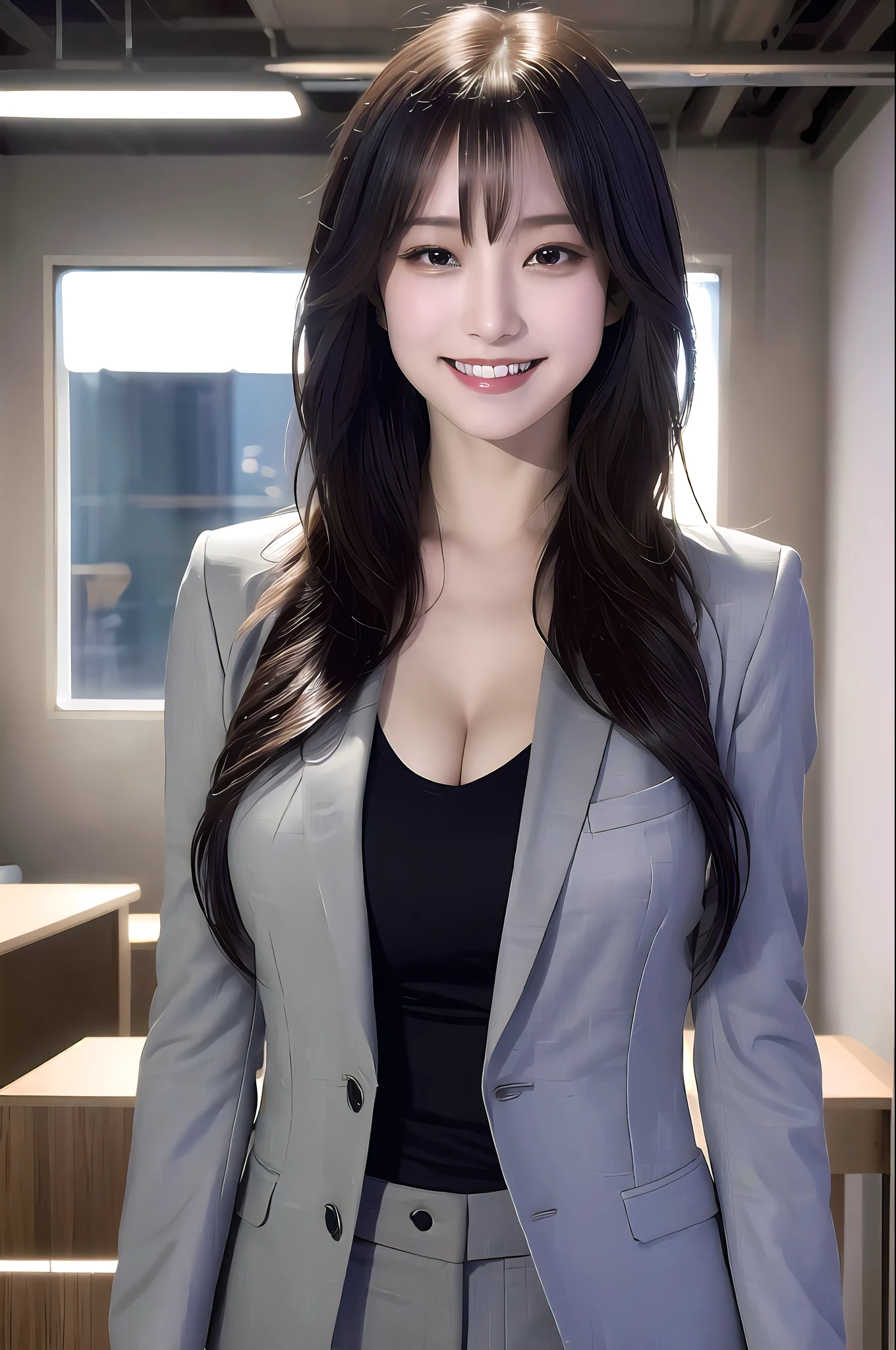 (8k, RAW photo, ultra high res, best quality, masterpiece:1.2), (realistic illustration), (extremely detailed CG unity 8k wallpaper), absurdres,
1 girl,21 yo, beautiful face,medium breasts,black medium hair,smile,tilting head,grin,upper body,slim fit pants,gray tailored jacket,office,upper body、乃木坂アイドル、女優、韓国アイドル