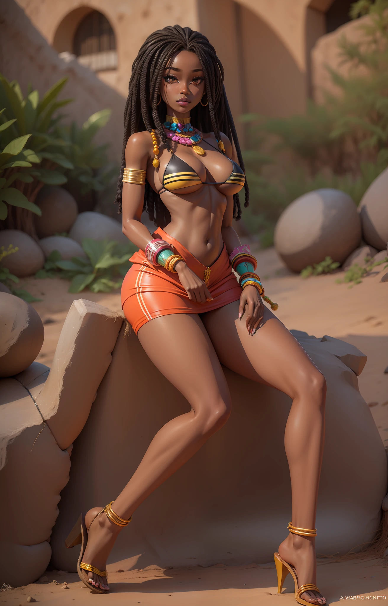 animê , estilo mangá, barbie doll in african culture style, with african hair, black skin, eyes brown, bikini --auto --s2