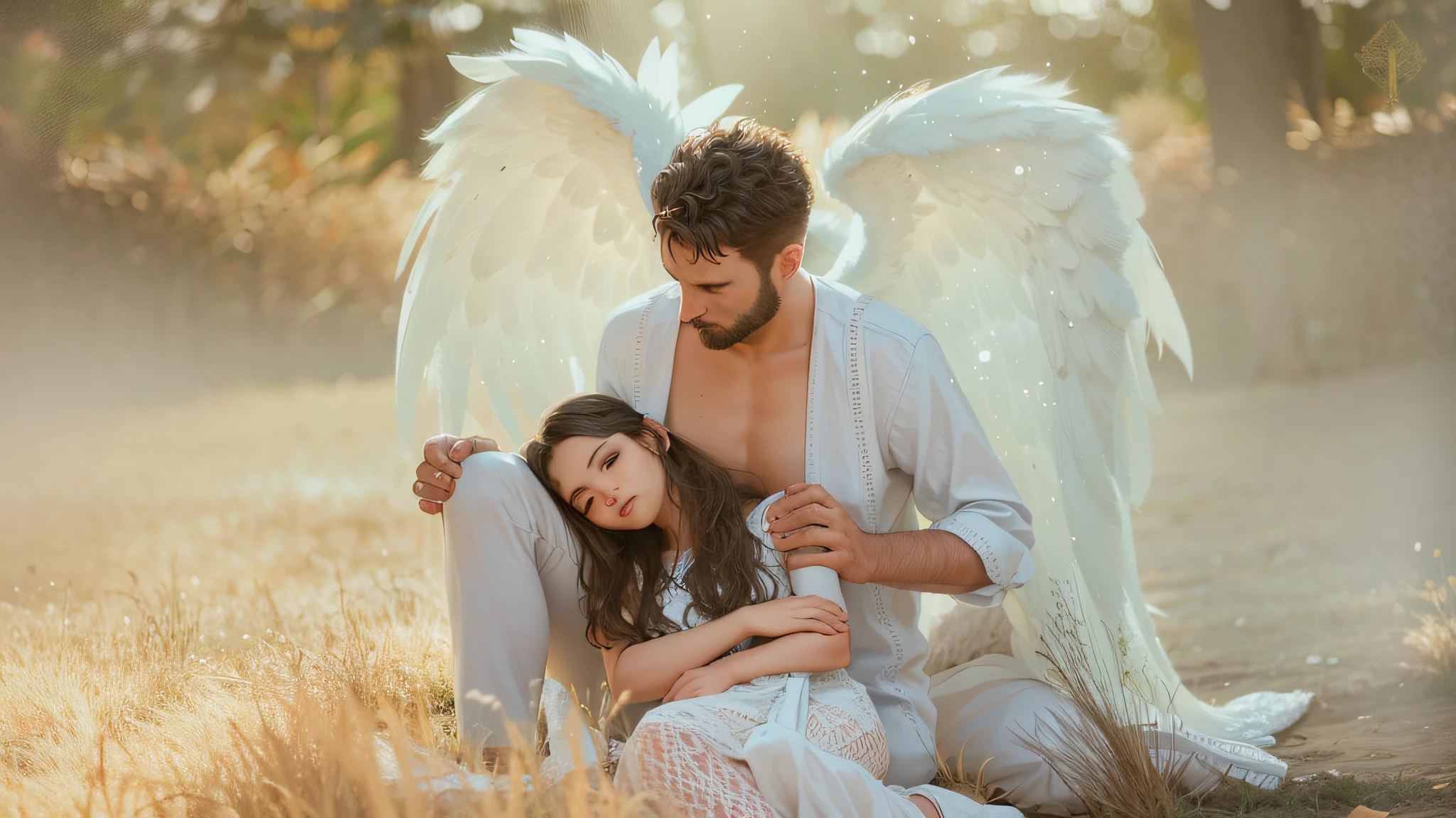 arafed man and woman sitting in a field with an angel wings, angel protecting woman, angel protecting man, angel themed, angel-themed, angelic, angelic wings, angelic wings on her back, angel, angels, ethereal wings, beautiful angelic wings, angelical, massive angel wings, wearing angel, fantasy photoshoot, grand angel wings, angelic photograph, 2 angels --auto --s2