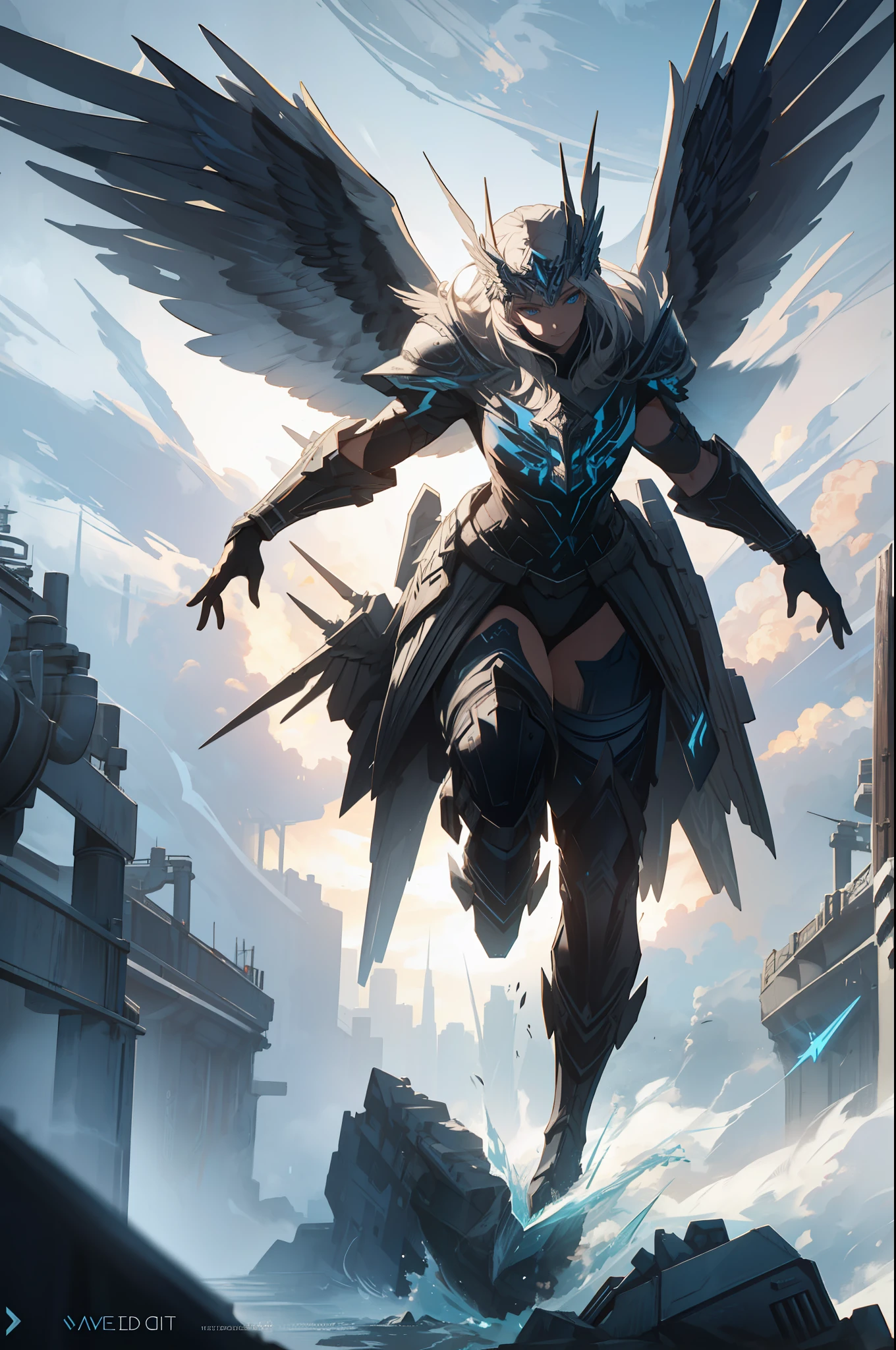 Valkyrie, from Norse Mythology, long retracted wings, high contrast, hyper detailed, in battlefield smoke, perfect eyes, full body, (dynamic and expressive pose), perfect anatomy, centered, freedom, soul, approximation to perfection, cell shading, 4k, dramatic cinematic atmosphere, oil painting, global lighting, detailed and intricate environment, artistic station, concept art, fluid and sharp focus, volumetric lighting, cinematic lighting