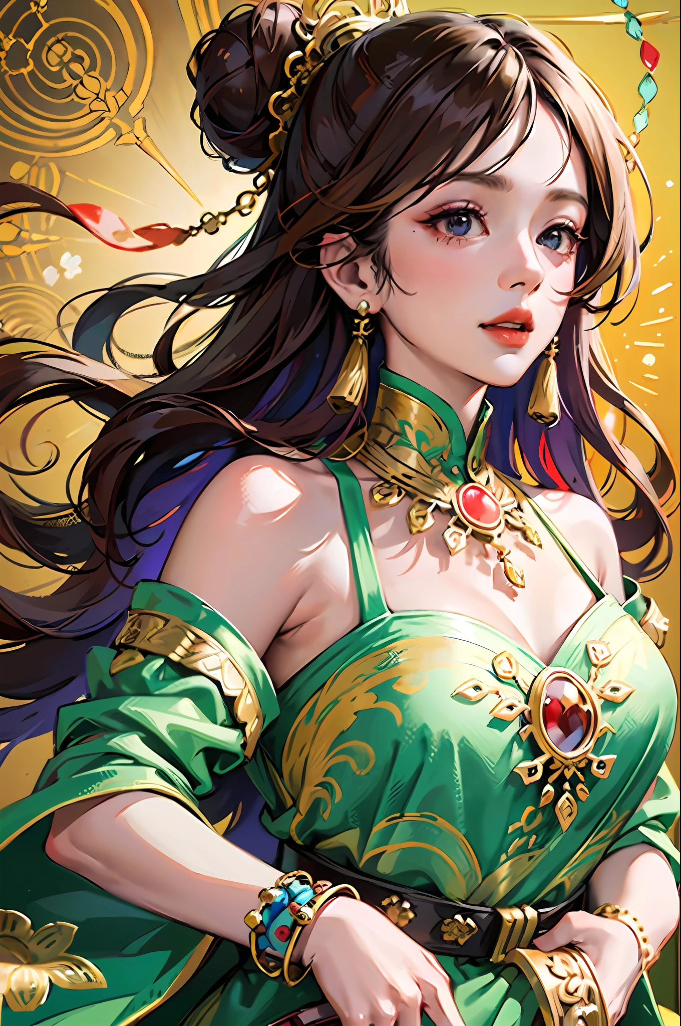 (Masterpiece: 1.2, Best Quality), (Very Detailed Face, Real Pictures, Realistic Skin, Realistic Body, Intricate Details), (High Quality), (Watercolor: 1.3), Pretty Girl, Brunette Hair, Bun All Coiled High, Green-Gold-Purple Blouse, Fringed and Gold Ornaments, Wide Armband with Gold Pattern on the Arm, Red Silk with Armband, Flying in the Wind, Red and Yellow Long Dress Embroidered with Colorful Patterns, Gorgeous Belt Made of Various Gold Ornaments and Tassel Gemstones, Decoration, Dunhuang Style, Dunhuang Mogao Grottoes, Watercolor Style