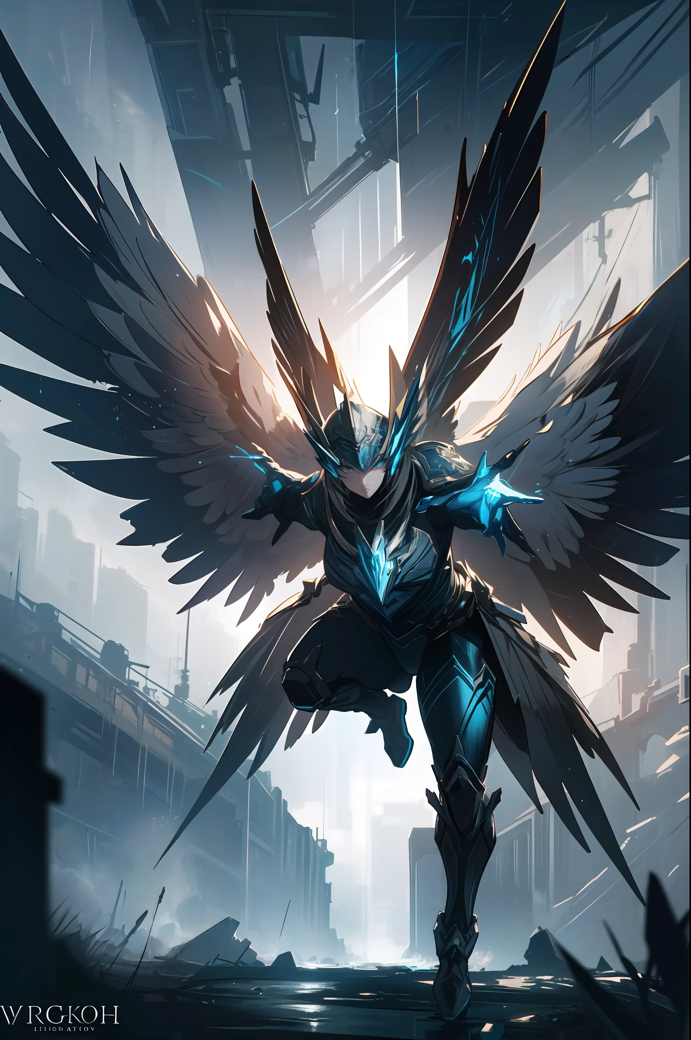 Valkyrie, from Norse Mythology, long retracted wings, high contrast, hyper detailed, in battlefield smoke, perfect eyes, full body, (dynamic and expressive pose), perfect anatomy, centered, freedom, soul, approximation to perfection, cell shading, 4k, dramatic cinematic atmosphere, oil painting, global lighting, detailed and intricate environment, artistic station, concept art, fluid and sharp focus, volumetric lighting, cinematic lighting