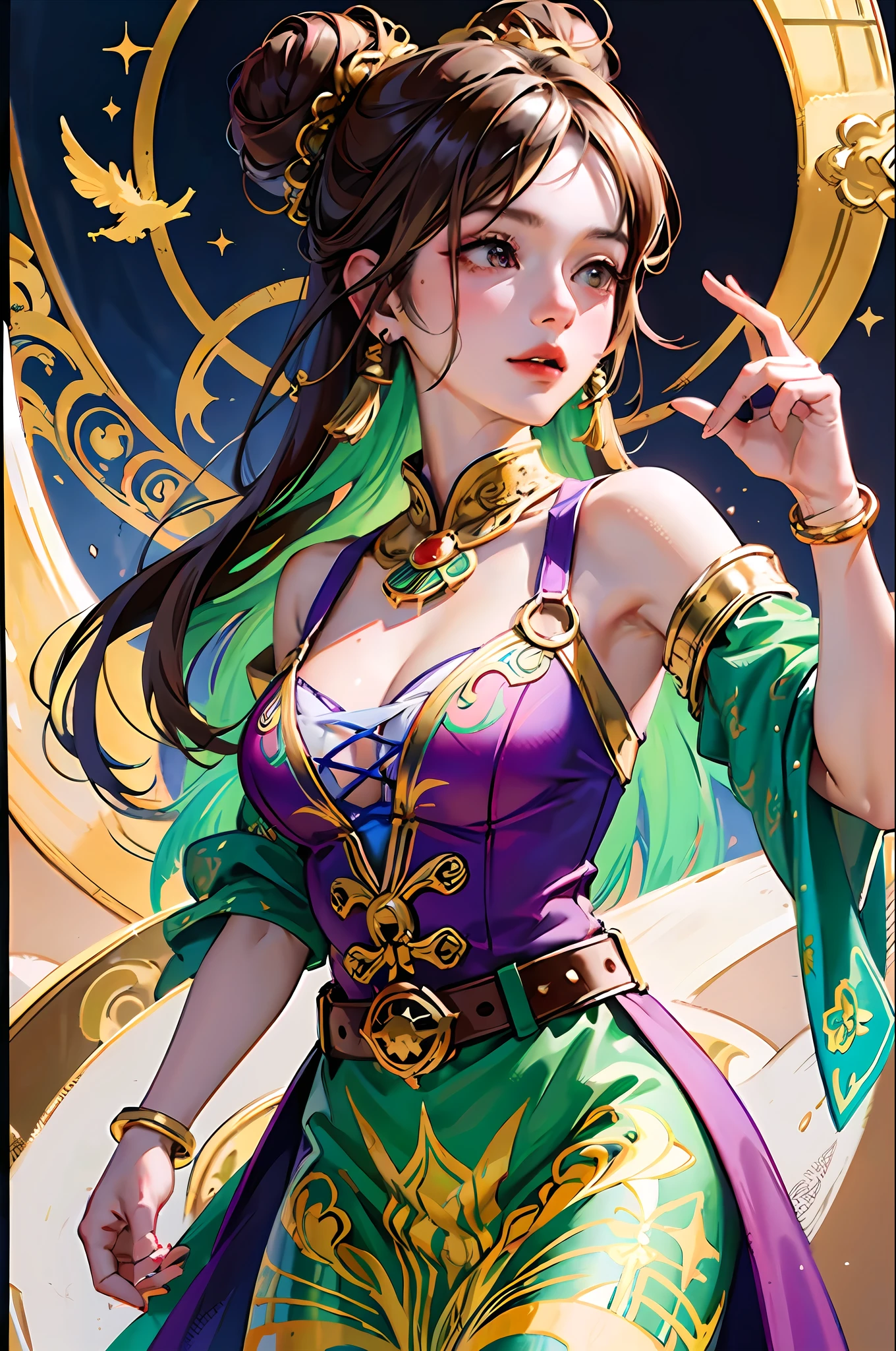 (Masterpiece: 1.2, Best Quality), (Very Detailed Face, Real Pictures, Realistic Skin, Realistic Body, Intricate Details), (High Quality), (Watercolor: 1.3), Pretty Girl, Brunette Hair, Bun All Coiled High, Green-Gold-Purple Blouse, Fringed and Gold Ornaments, Wide Armband with Gold Pattern on the Arm, Red Silk with Armband, Flying in the Wind, Red and Yellow Long Dress Embroidered with Colorful Patterns, Gorgeous Belt Made of Various Gold Ornaments and Tassel Gemstones, Decoration, Dunhuang Style, Dunhuang Mogao Grottoes, Watercolor Style