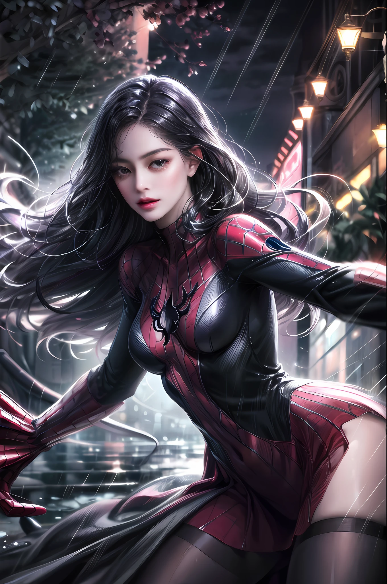 Spider woman, woman, straight long black hair and black eyes in the rain is night and is in the middle of the city