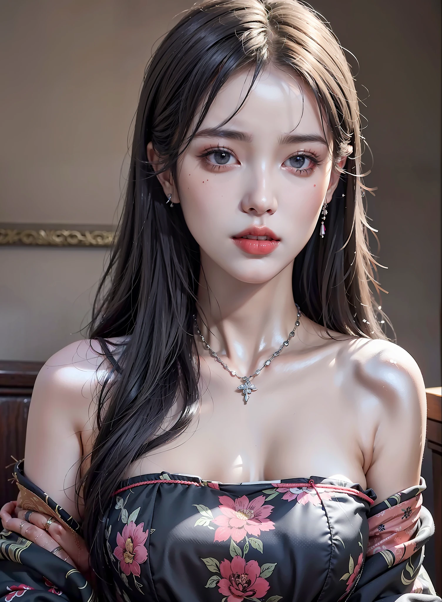 Best Quality, Masterpiece, Ultra High Resolution, (Realistic:1.4), 1 Girl, Off-the-Shoulder Shirt, ((Traditional Chinese Costumes:1)), Black Necklace, (Faded Gray-Gray Hair:1), (:1.2), Looking at the Viewer, Close-up, Big Breasts