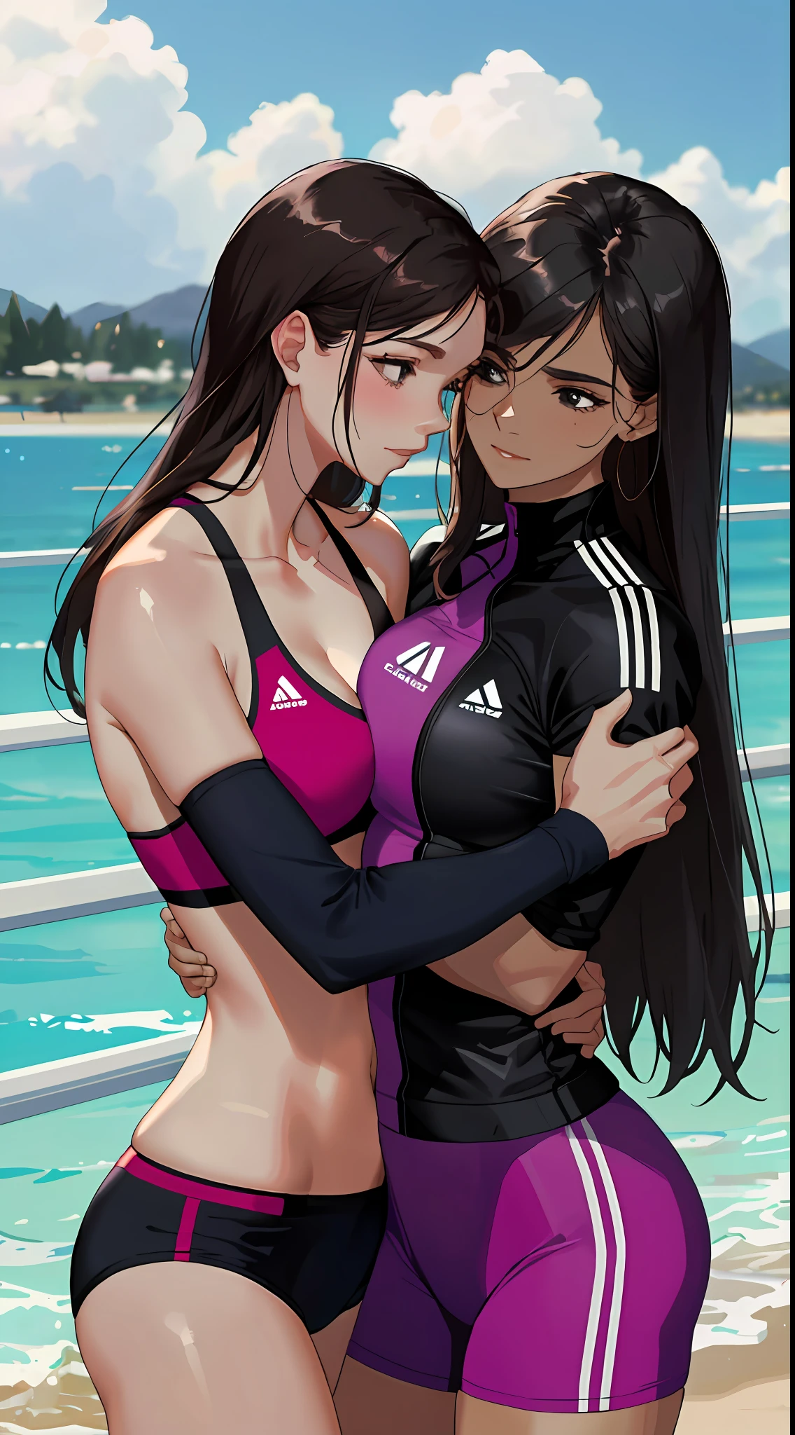 2 women hugging in a ring, wearing sexy MMA clothes, on a hot summer day, sexy:1,5, yuri, lesbian, nsfw, lascivious:1,5