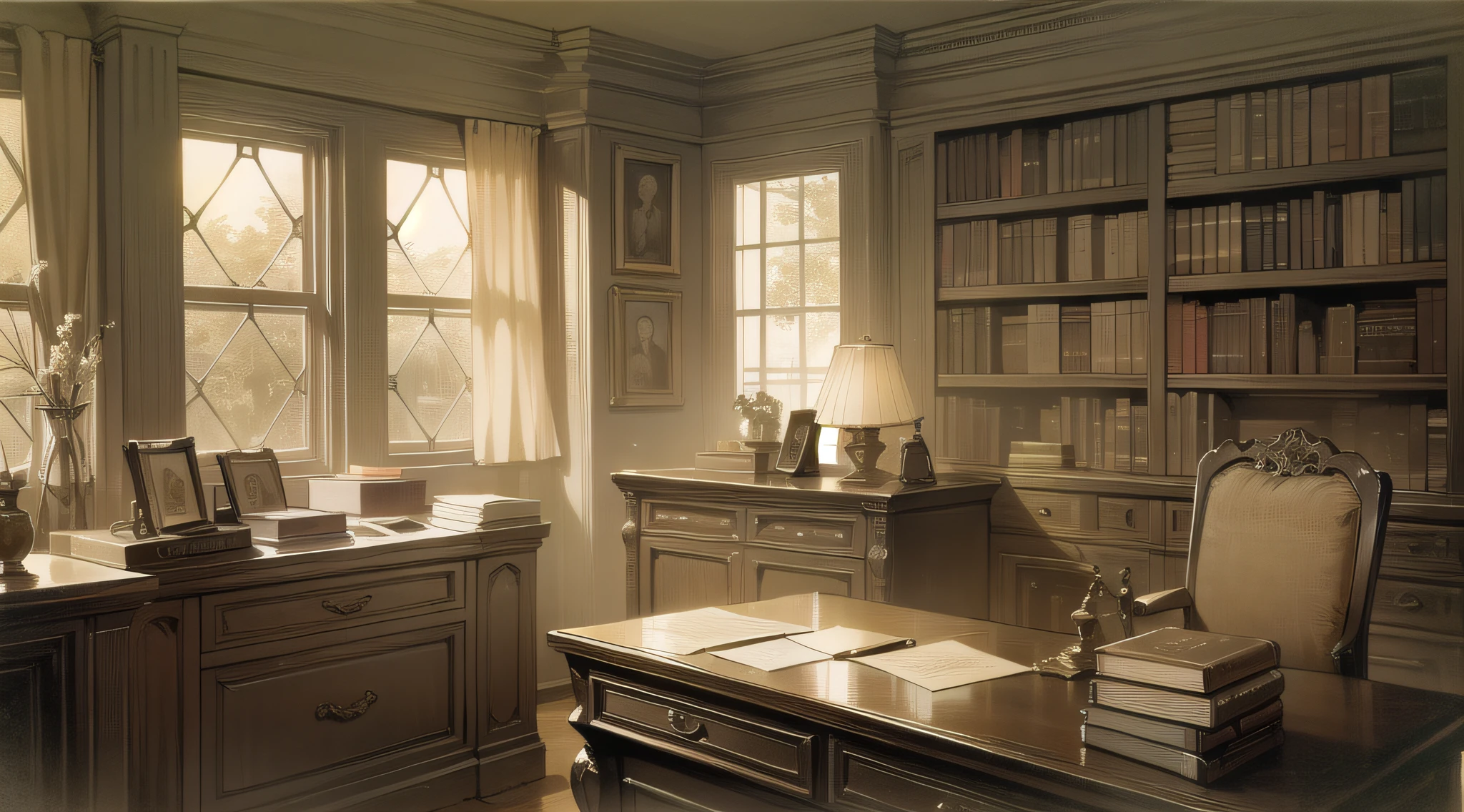 Teacher's Office, Wallpaper, dappled lighting, morning sunlight, highly detailed, Classic literature, bookshelves, antique desk, warm lighting, vintage aesthetic, scholarly atmosphere, academic, oak wood, elegant patterns, muted colors, art deco, aged paper, sepia tones