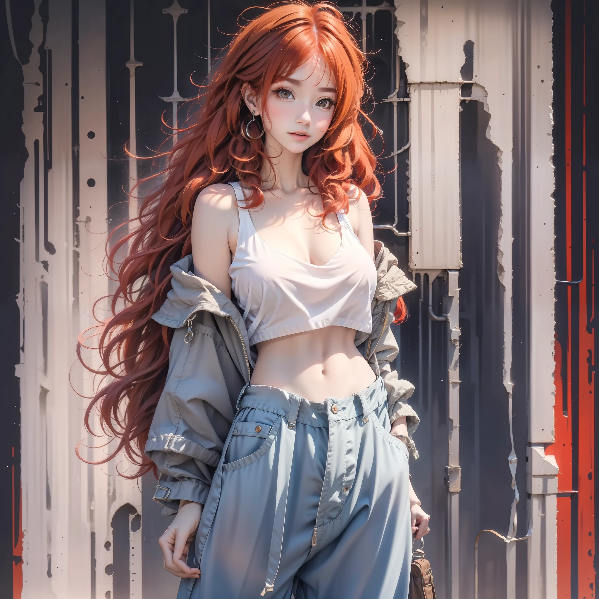 1 girl, standing, simple background, posing, medium breasts, cleavage, camisole vest, loose denim trousers, broken sleeves, light tulle, transparent, behind hands, backpack, red hair, long hair,