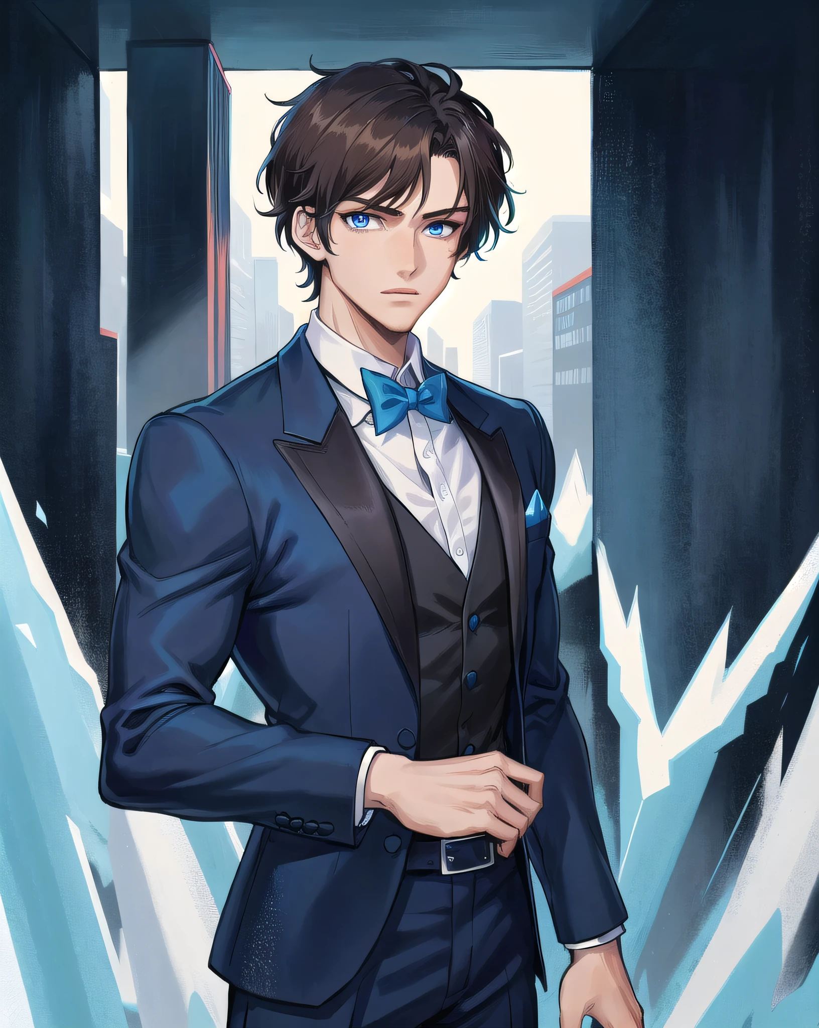 1boy, (man), manly body, anime, extremely detailed, hyper detailed, (broad shoulders), (perfect FACE), illustration, soft light, 2d, intricate, cowboy shot, detailed eyes, brunette, short hair, blue eyes, sexy, bodybuilding, abstract, high cold, Black Tuxedo, (outside), school