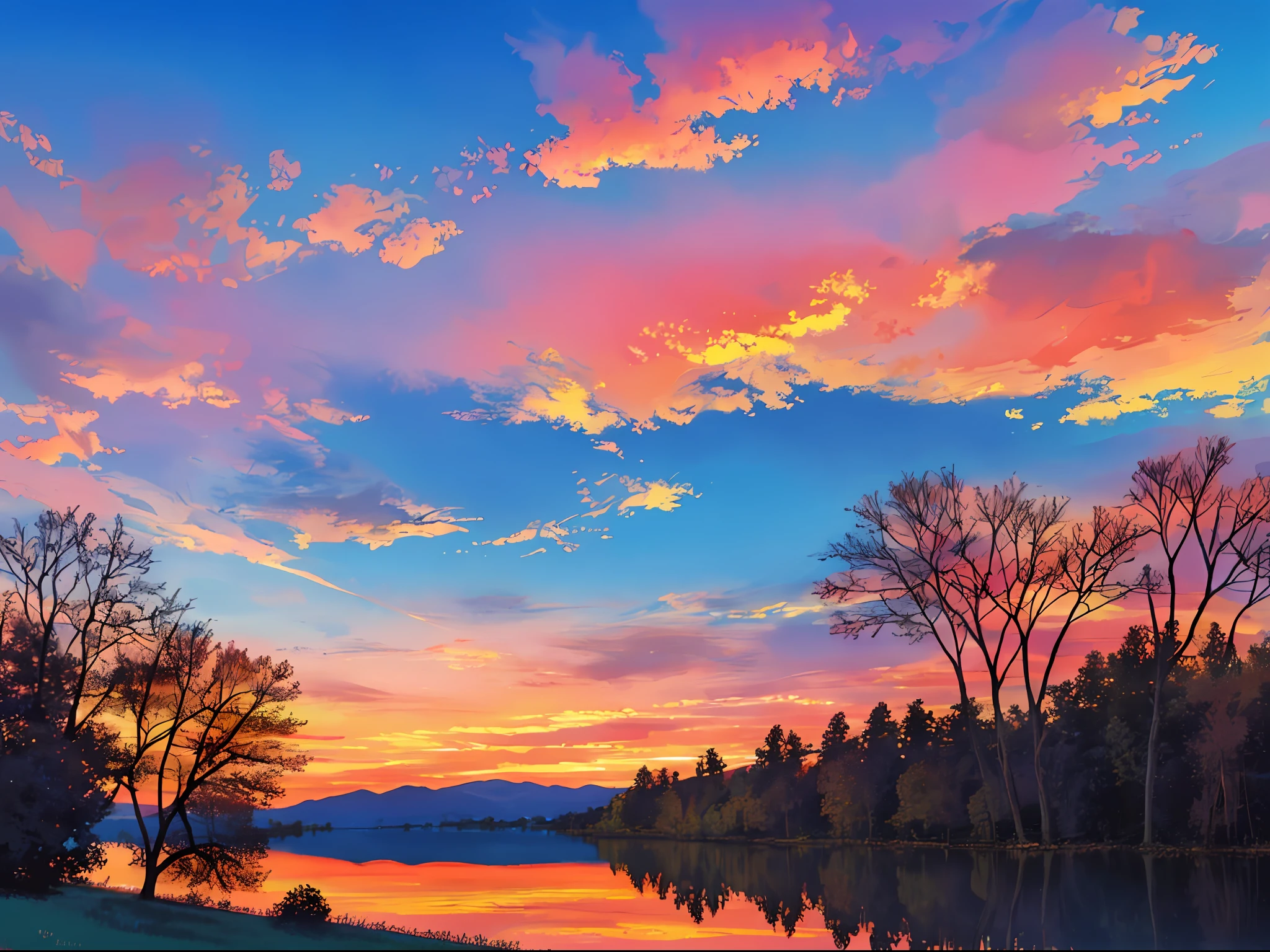 there is a beautiful sunset with a lake and trees in the background, colorful skies, surreal colors, colorful sunset, colorful sky, marvellous reflection of the sky, stunning sky, dream like atmosphere 8k, colorful clouds, colors reflecting on lake, surreal sky, red and blue reflections, fire reflection, beautiful sky, beautiful and spectacular dusk, beautiful dreamy landscape, amazing sky