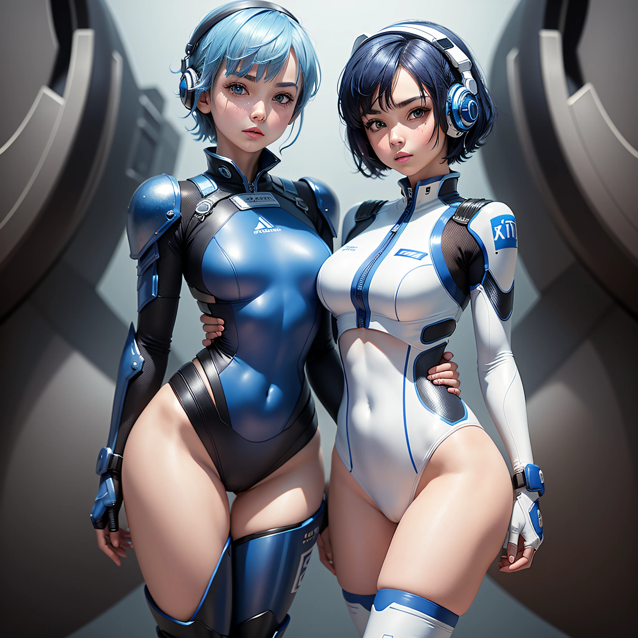 (masterpiece, highest quality, highest resolution, distinct_image, detailed details): (Solo, lone girl, face is Japan person, short cut, blue-haired girl, full body figure, (perfect body: 1.4), sparkly blue color eyes, pilot suit in white and blue color, tight fit clothes, clothes covering the whole body, very delicate and beautiful, detailed skin, slim body, exoskeleton, heroine, Headsets, boots)