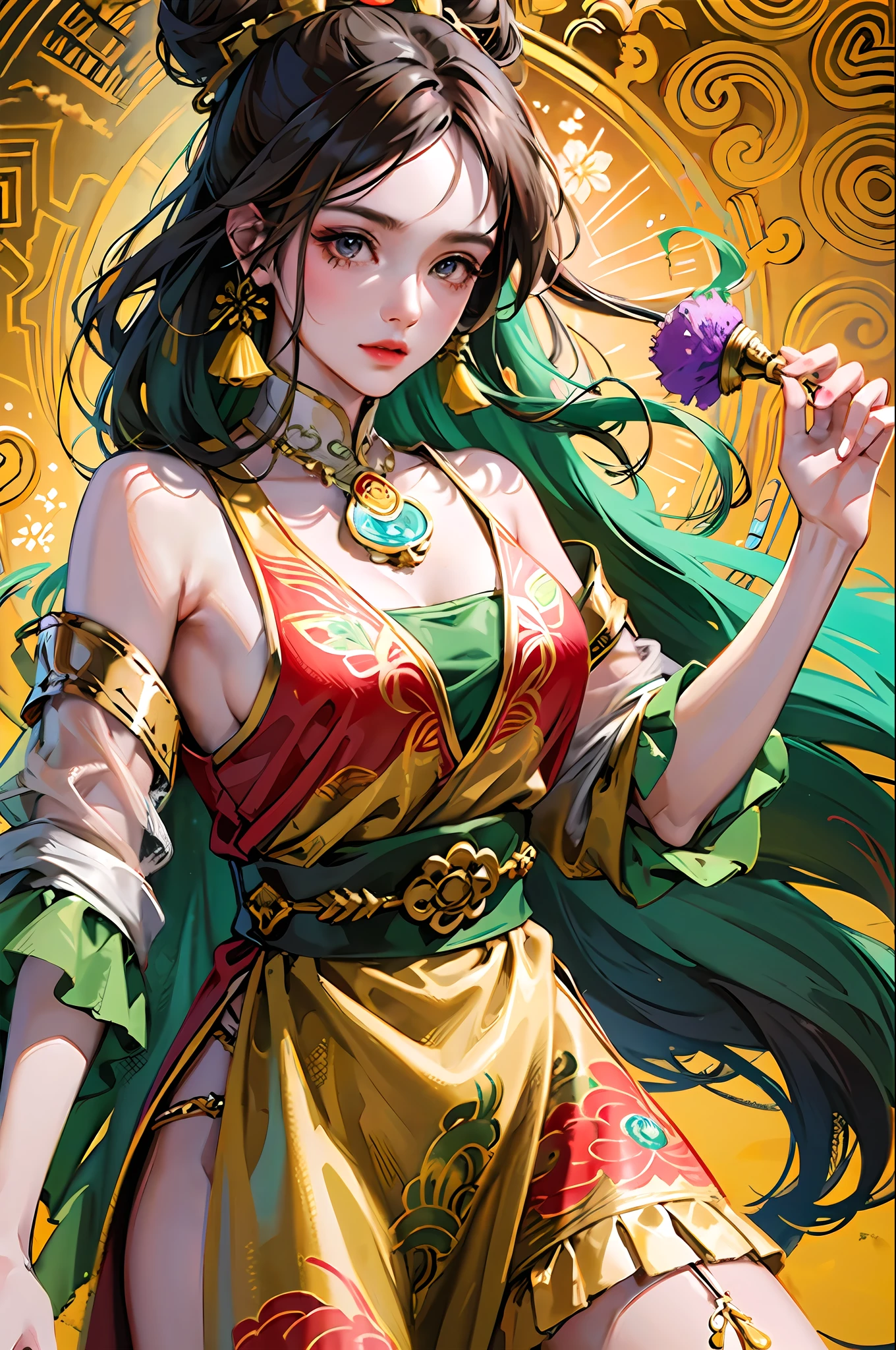 (Masterpiece: 1.2, Best Quality), (Very Detailed Face, Real Pictures, Realistic Skin, Realistic Body, Intricate Details), (High Quality), (Watercolor: 1.3), Pretty Girl, Brunette Hair, Bun All Coiled High, Green-Gold-Purple Blouse, Fringed and Gold Ornaments, Wide Armband with Gold Pattern on the Arm, Red Silk with Armband, Flying in the Wind, Red and Yellow Long Dress Embroidered with Colorful Patterns, Gorgeous Belt Made of Various Gold Ornaments and Tassel Gemstones, Decoration, Dunhuang Style, Dunhuang Mogao Grottoes, Watercolor Style